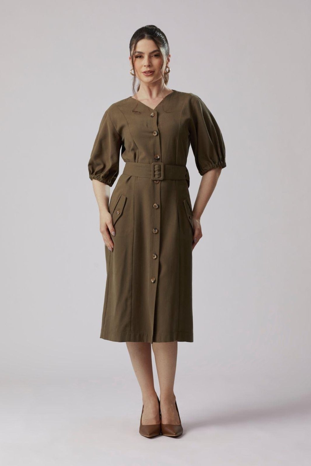 Vestido Midi Acinturado Peach Touch Verde Musgo