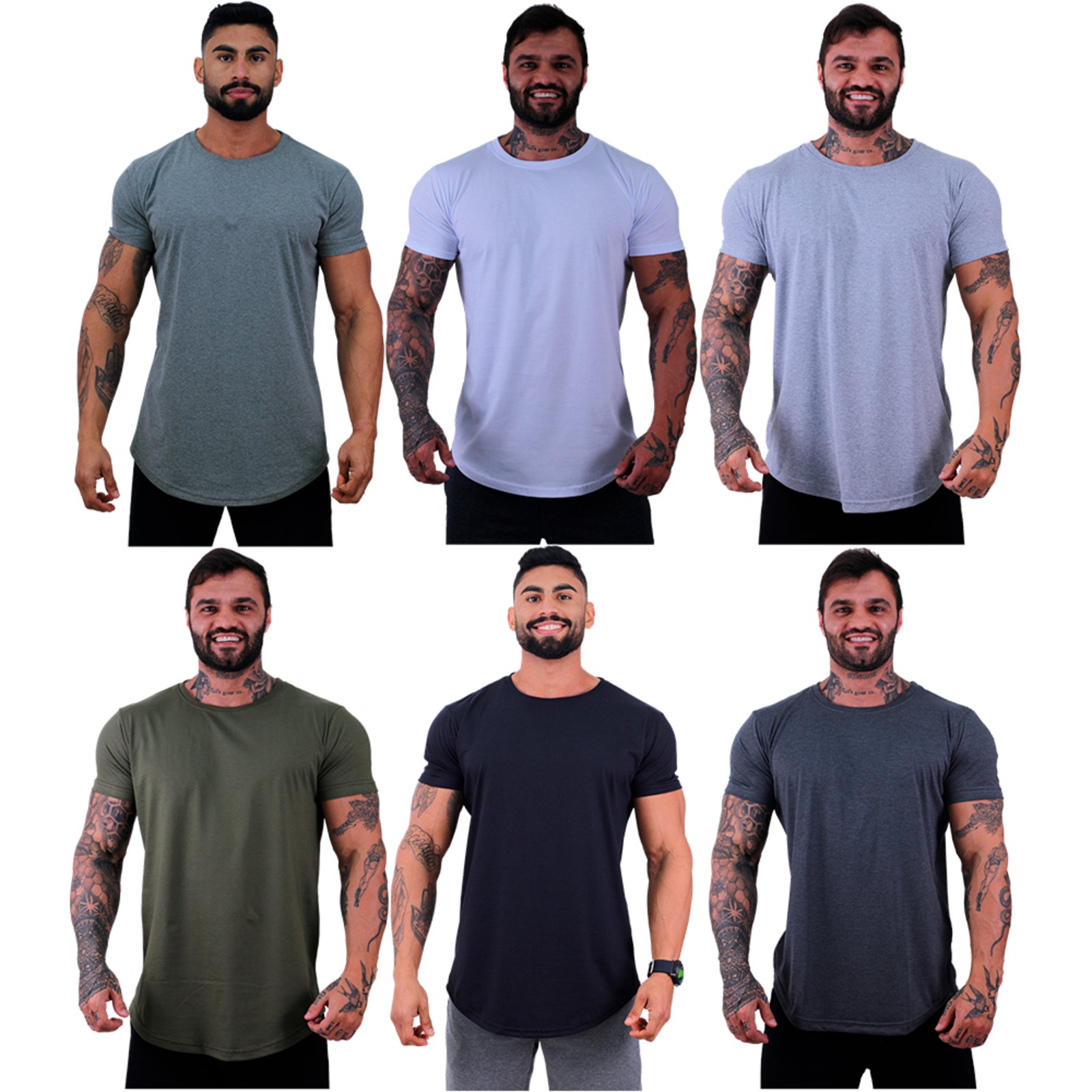 Kit 6 Camiseta Longline Masculina Alto Conceito Slim Mescla Escuro, Branco, Mescla, Verde Militar, Preto e Grafite