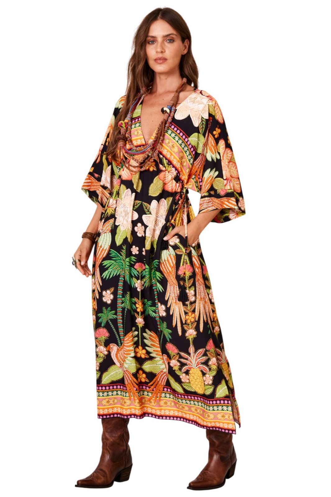 Kaftan Midi Preto E Laranja Estampa Tropical Yacamim J3 – Estampado