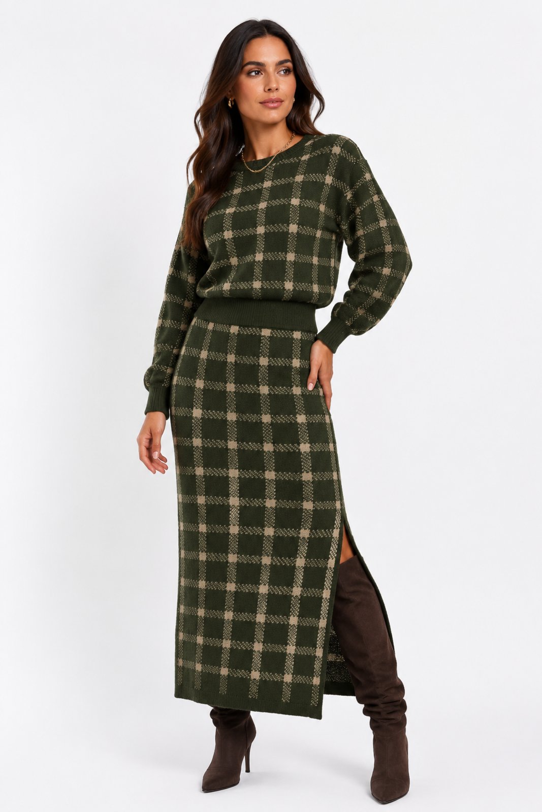 Conjunto Feminino D Bell Outlet Fashion Xadrez Verde Musgo