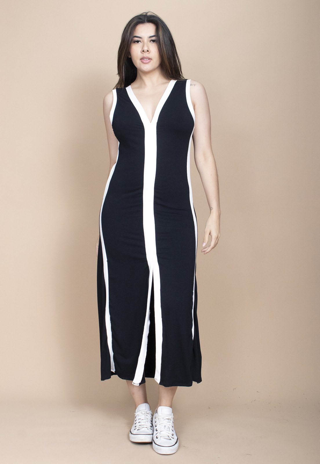 Vestido Cabanafree Midi Fenda Frontal Color Block Preto