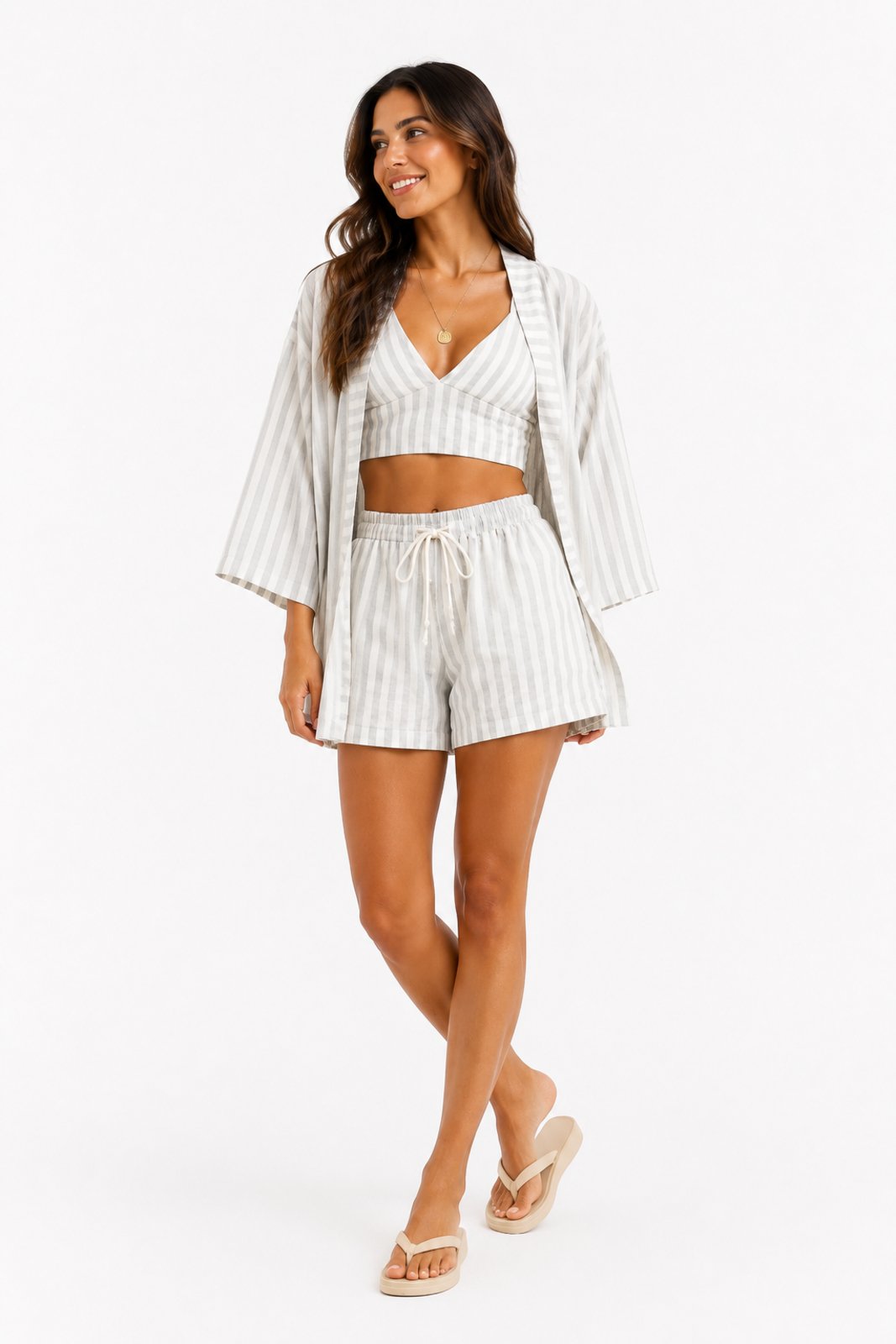 Conjunto Curto Bell Outlet Fashion Listras Duna Branco
