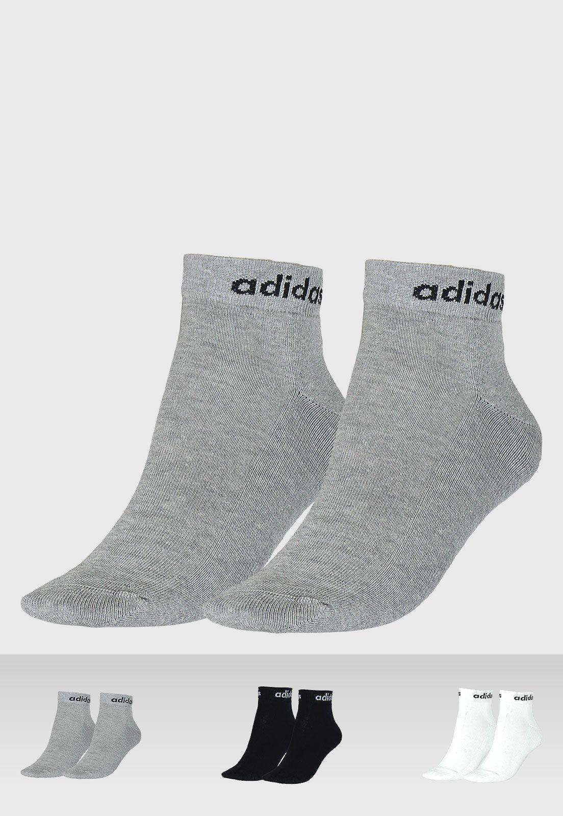 Kit 3pçs Meia adidas Performance Cano Baixo Logo Linear Cinza/Preta