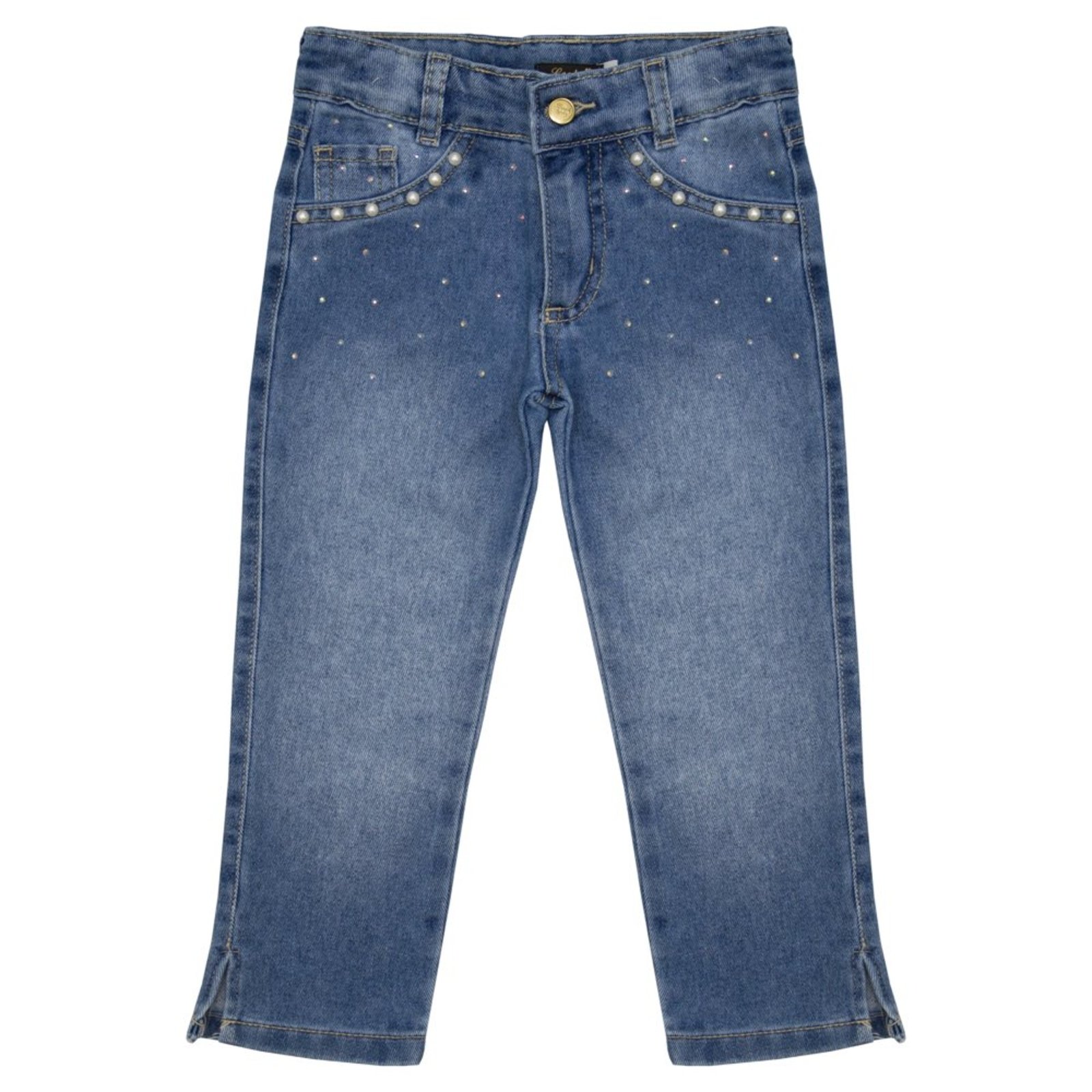 Infantil - Calça Look Jeans c/ Pérolas Reta Jeans