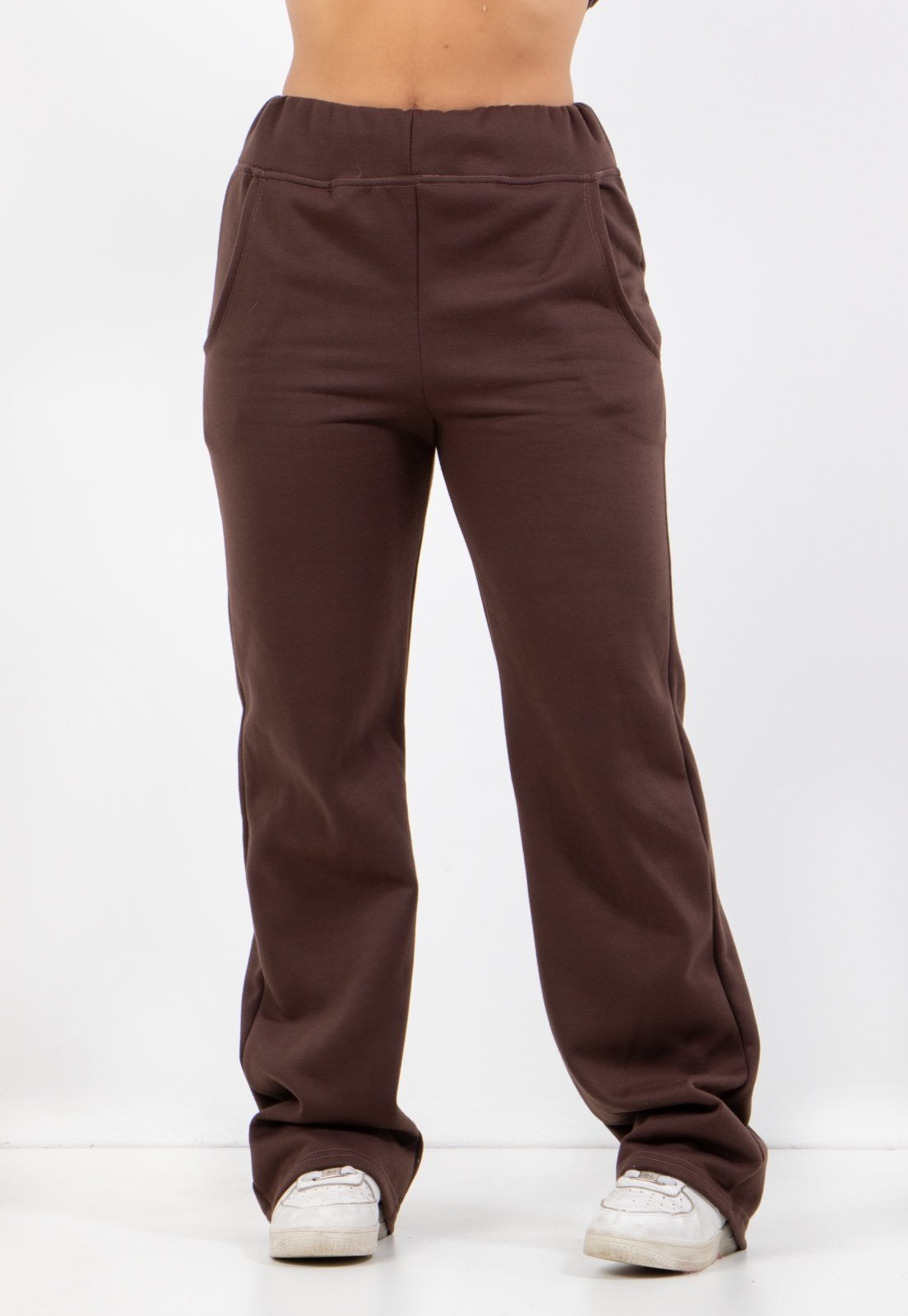 Calça Pantalona Moletom 4 Estações Feminina Cós Alto Inverno Casual Marrom