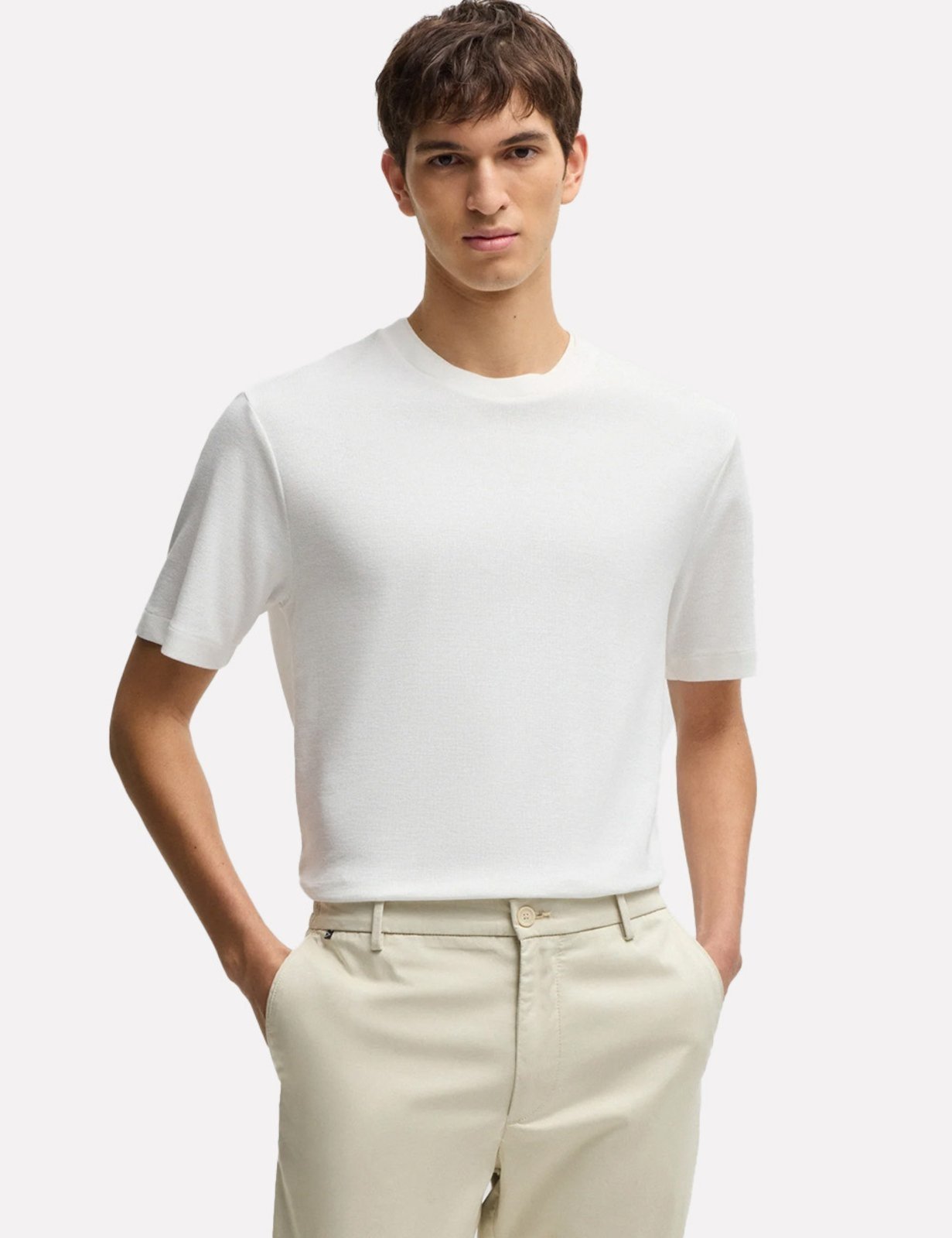 Camiseta Hugo Boss Masculina Regular Textura H-Thompson 120 Branca