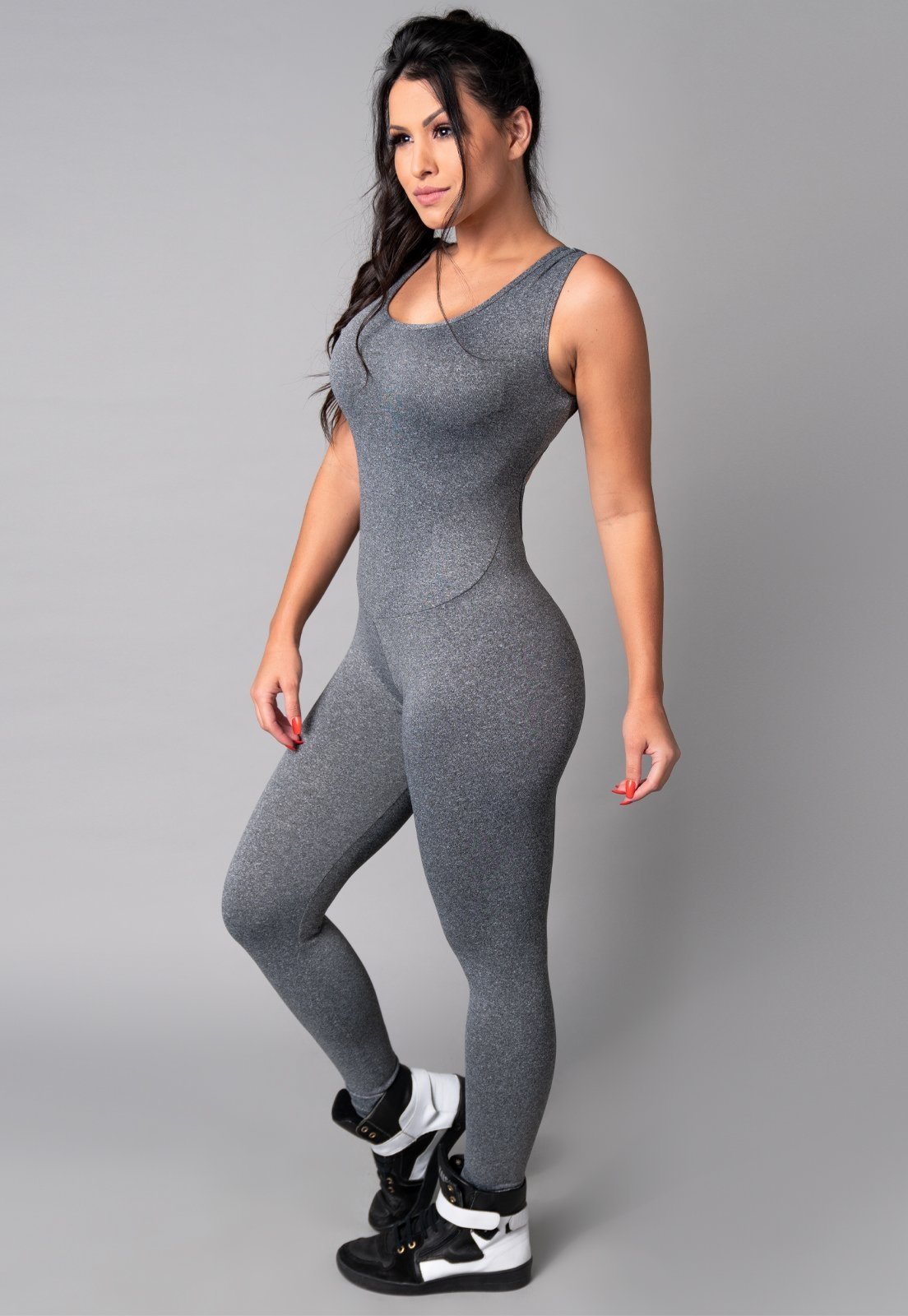 Macacão Longo MVB Modas Costa Nua Fitness Suplex Estampado Cinza