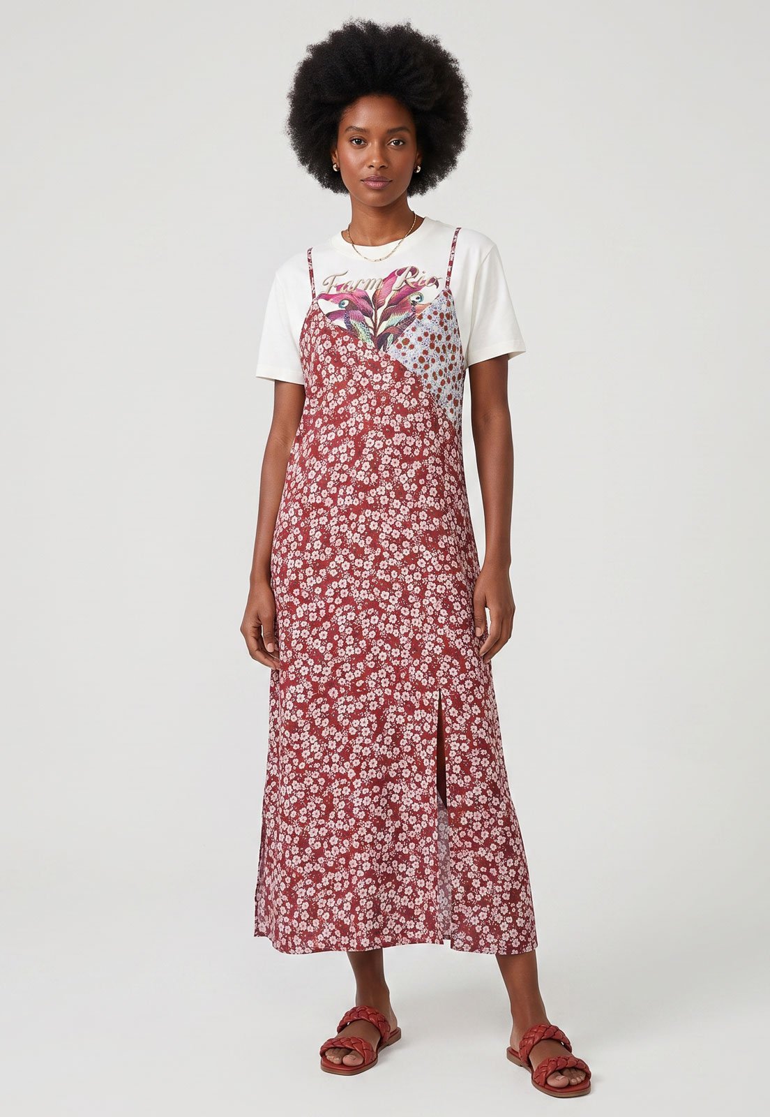 Vestido FARM Manga Curta Midi Estampado com Patchwork Vinho