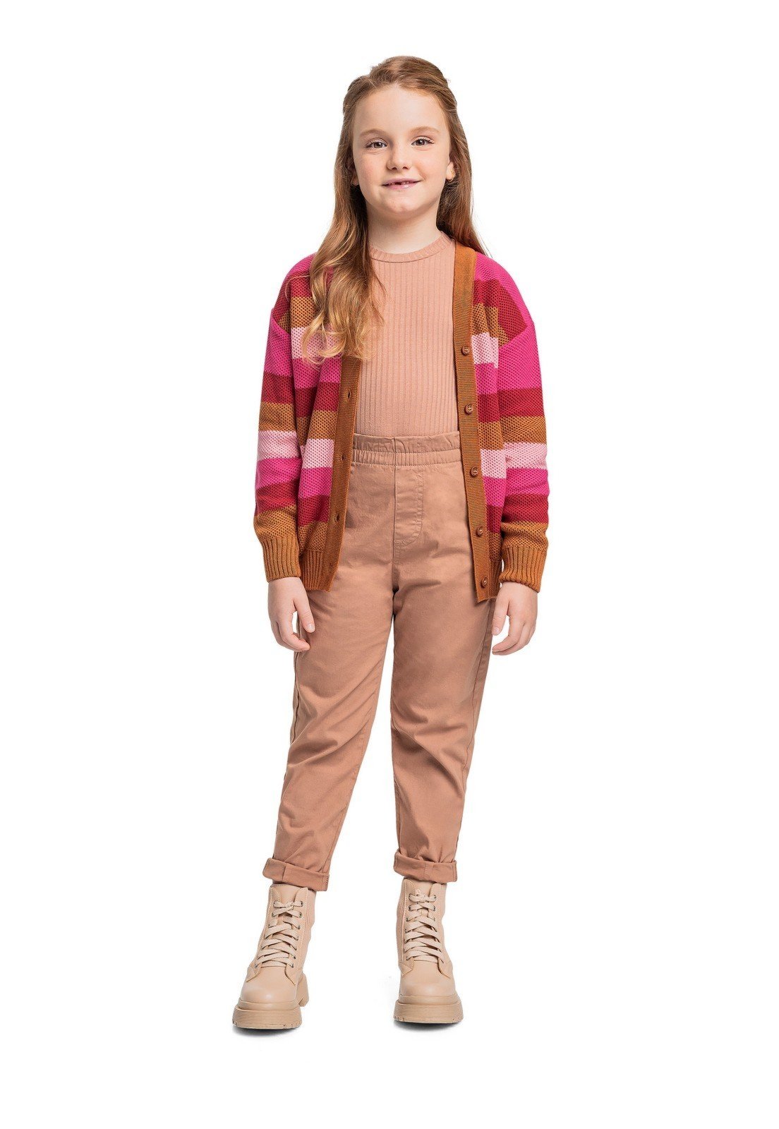 Infantil – Cardigan Listrado em Tricô Menina Quimby Marrom