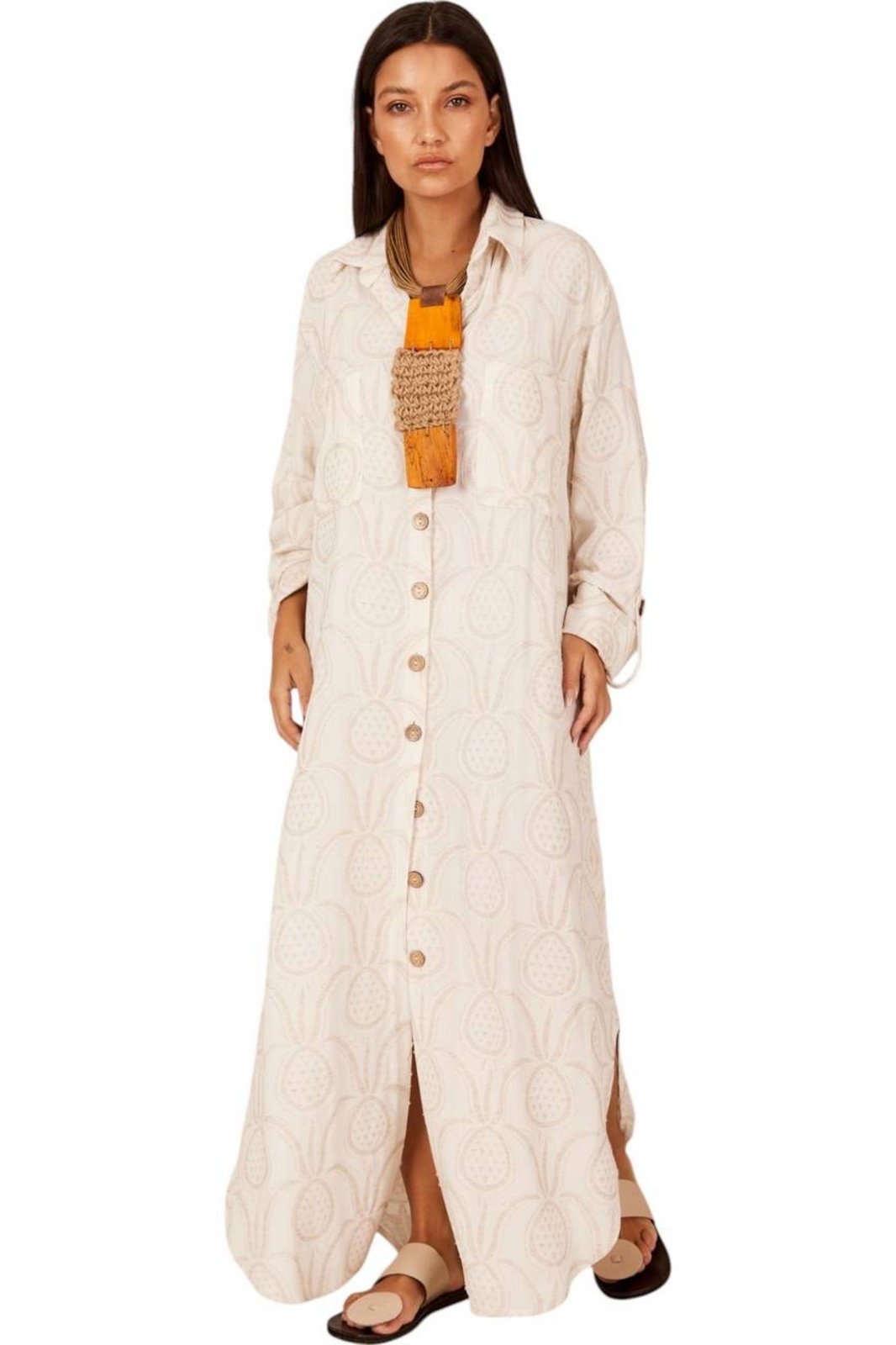 Chemise Longo De Linho Amplo Bege Estampado Yacamim N7 – Bege