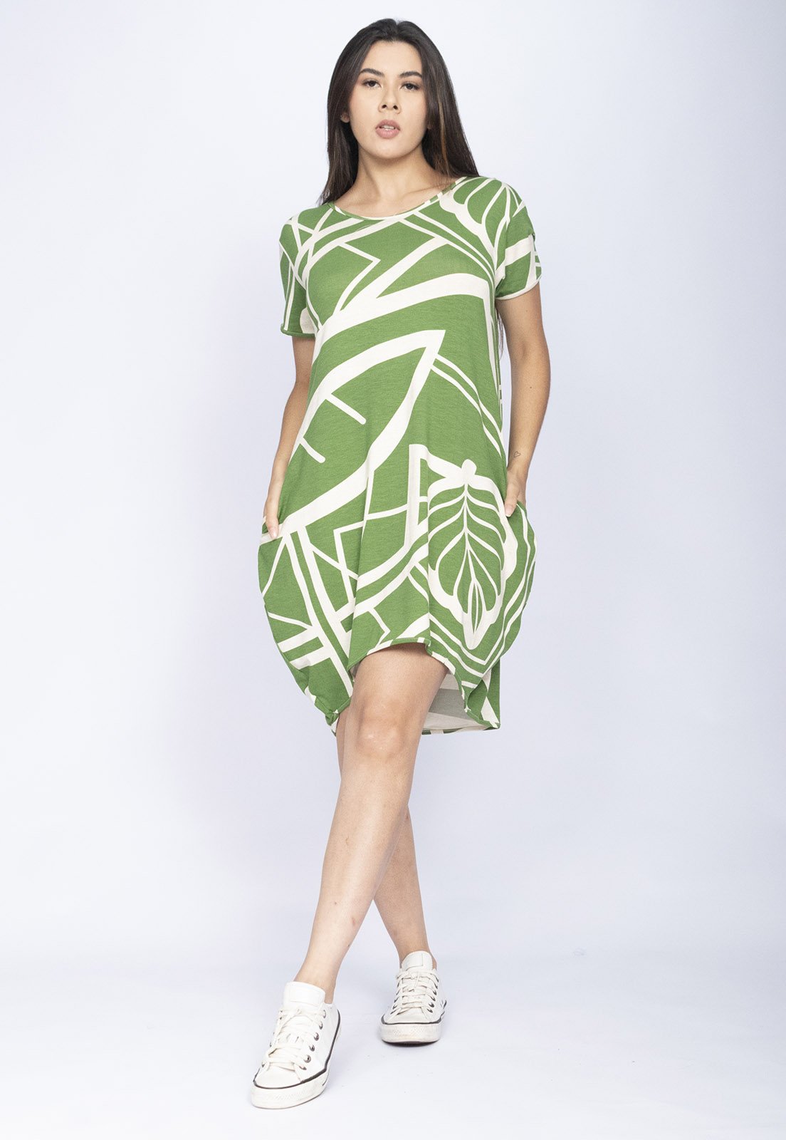 Vestido CabanaFree Curto Malha Amplo Always Estampa Lagoa Botânica Verde