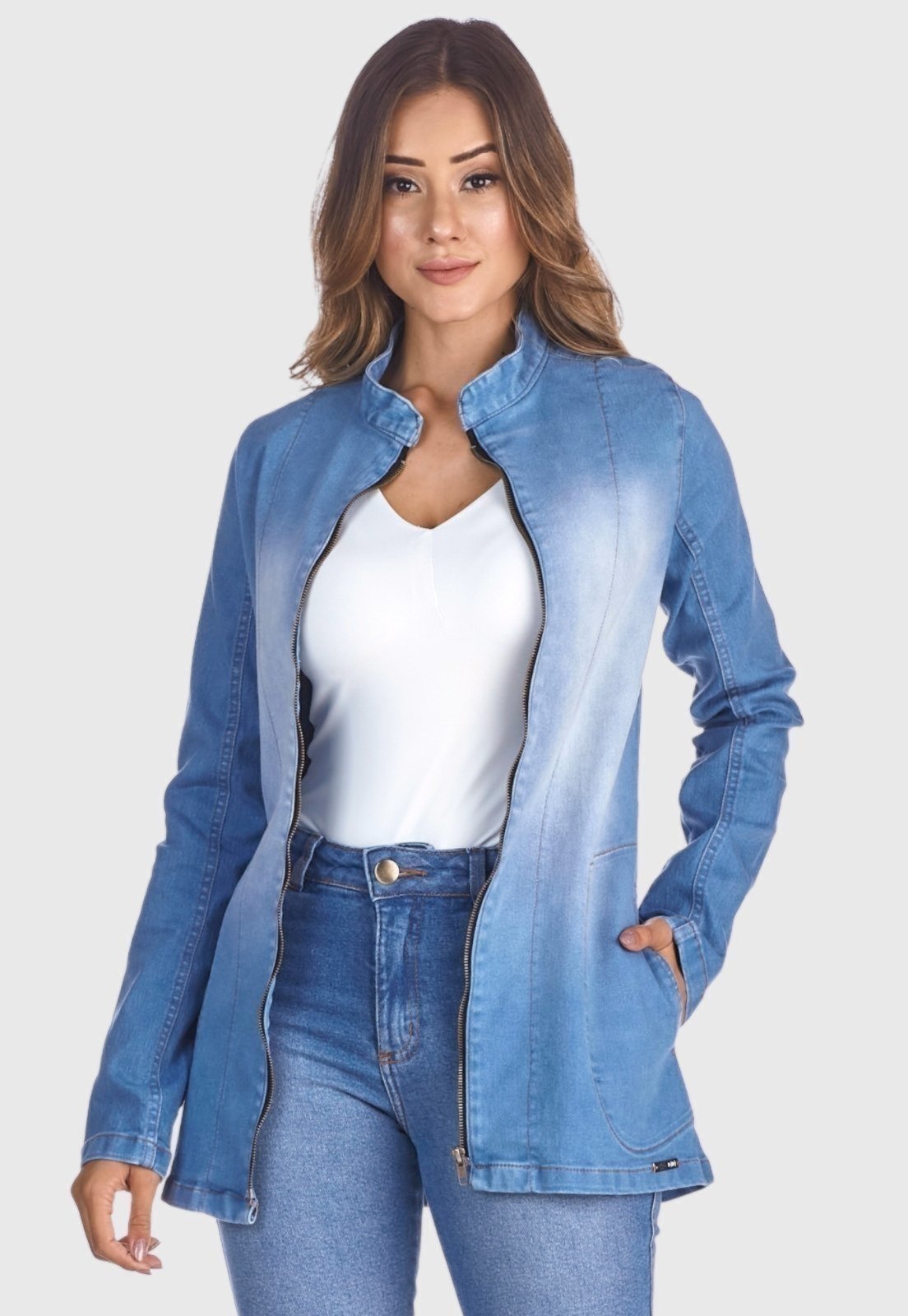 Jaqueta Jeans HNO Jeans Blazer Gola Padre New Style Azul