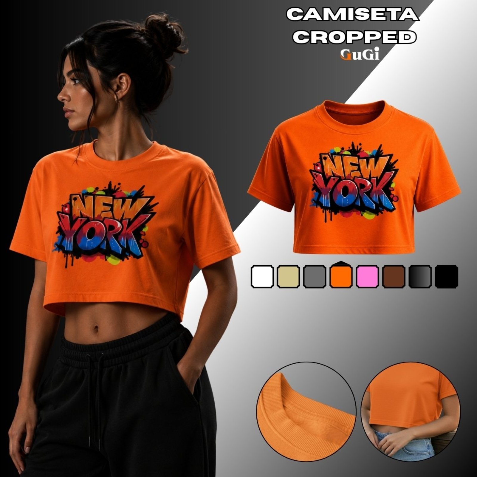 Camiseta Cropped Feminina Estampada Grafitti New York 100% Algodão Laranja