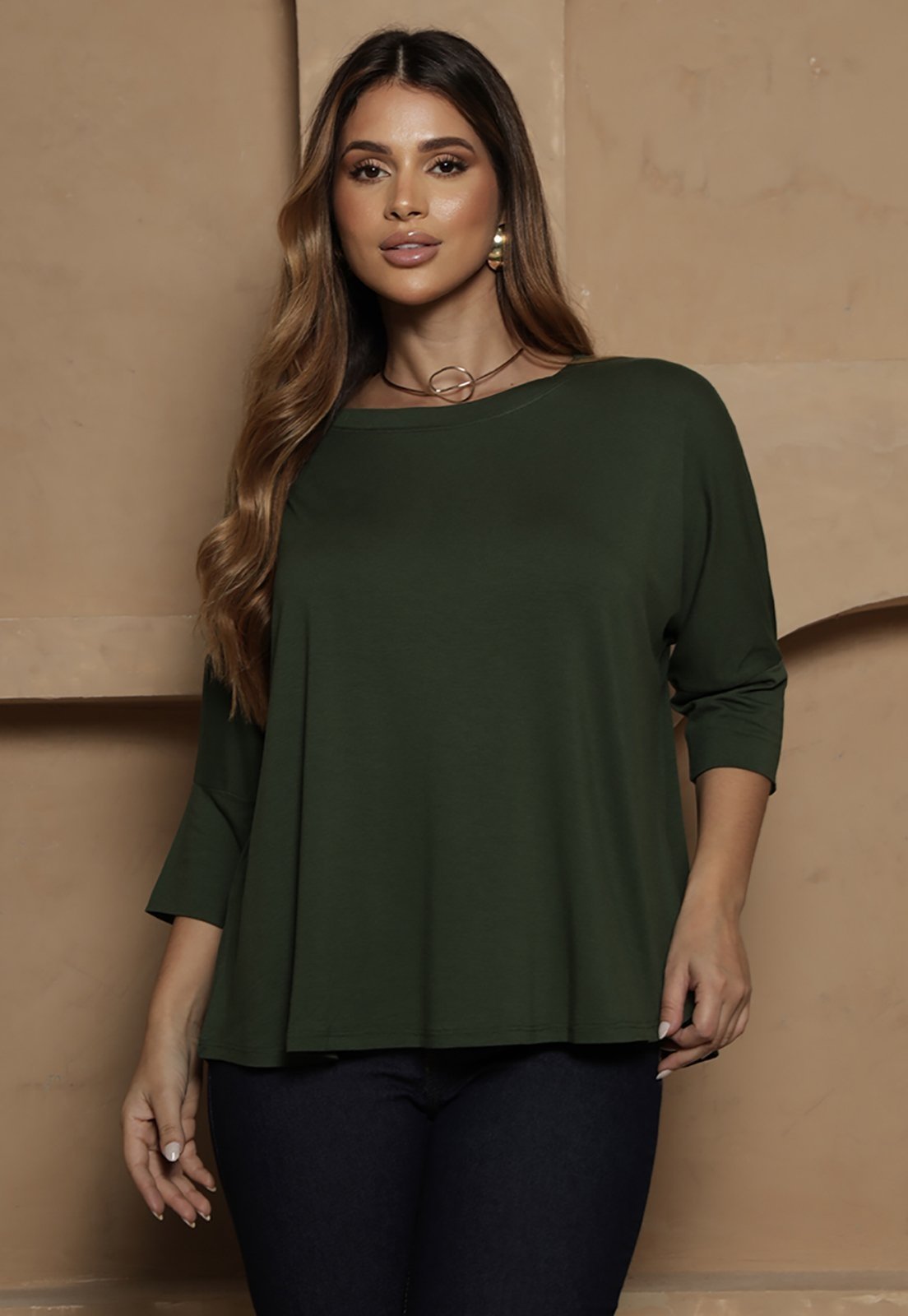 Blusa Amelia BBonnie Feminina Manga 3/4 em Malha Viscolycra Verde Musgo