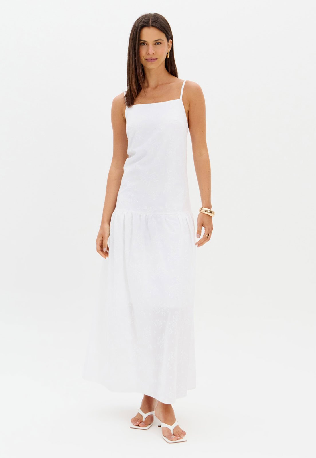 Vestido Feminino Lança Perfume Longo Alças Finas Branco
