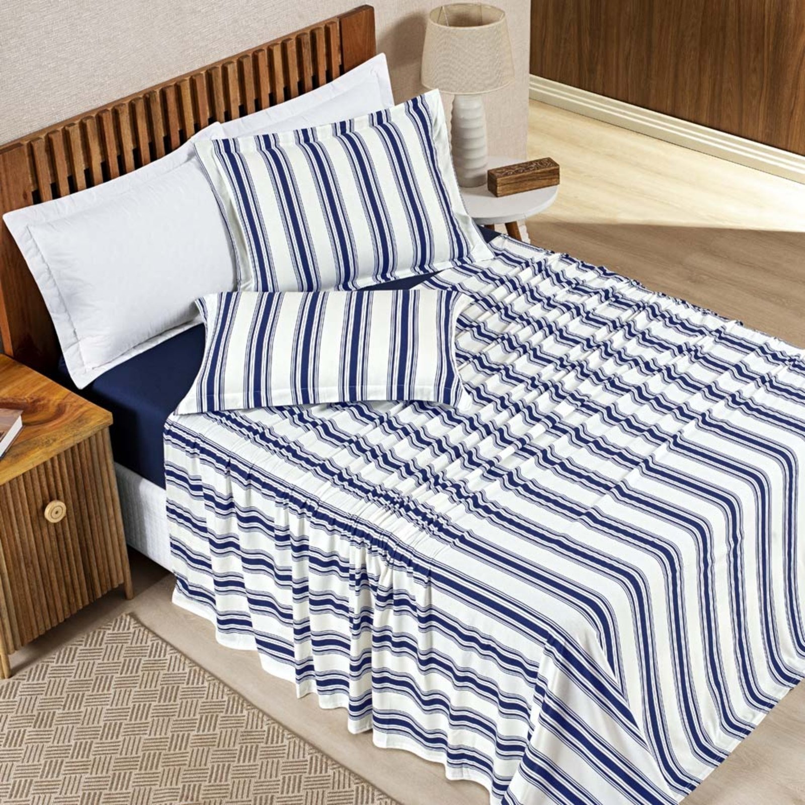 Jogo Cama Lençol Casa Scarpa Daily King Malha Algodão Listrado 4 Peças - Azul Marinho