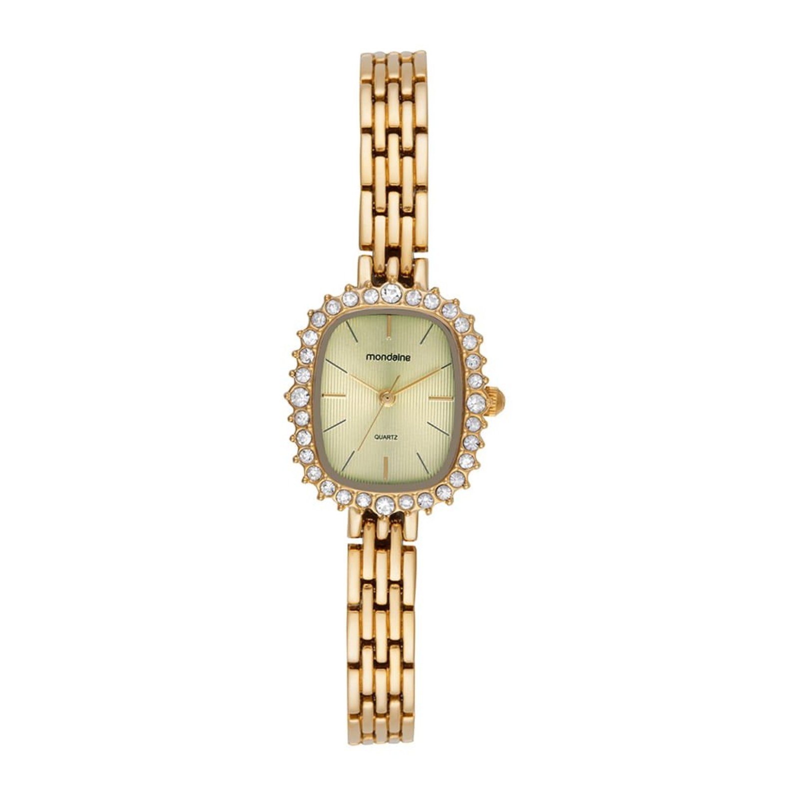 Relógio Feminino Quadrado Cristais Dourado Mondaine