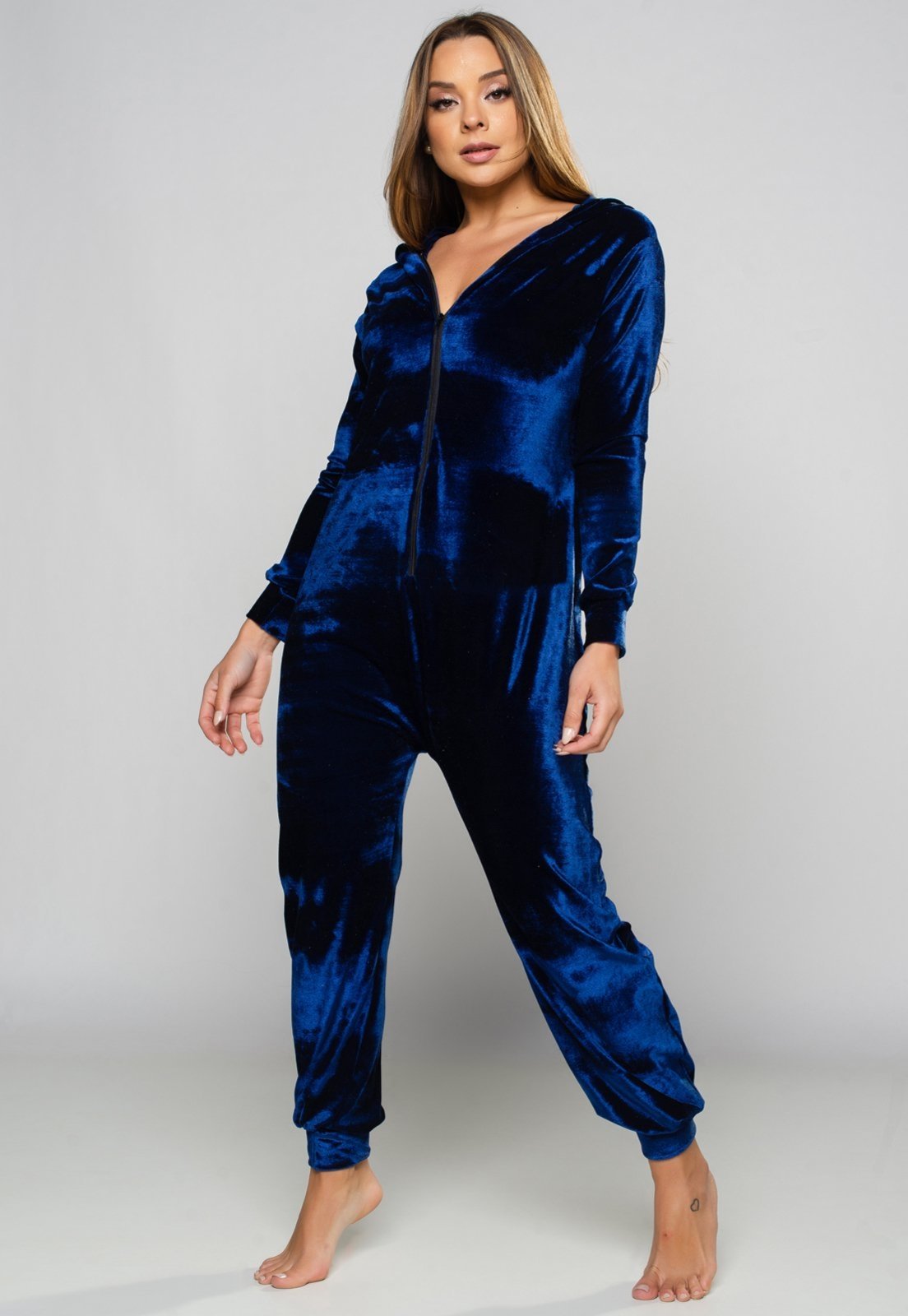 Macacão Veludo Longo MVB Modas Feminino Manga Longa Pijama Canguru Azul
