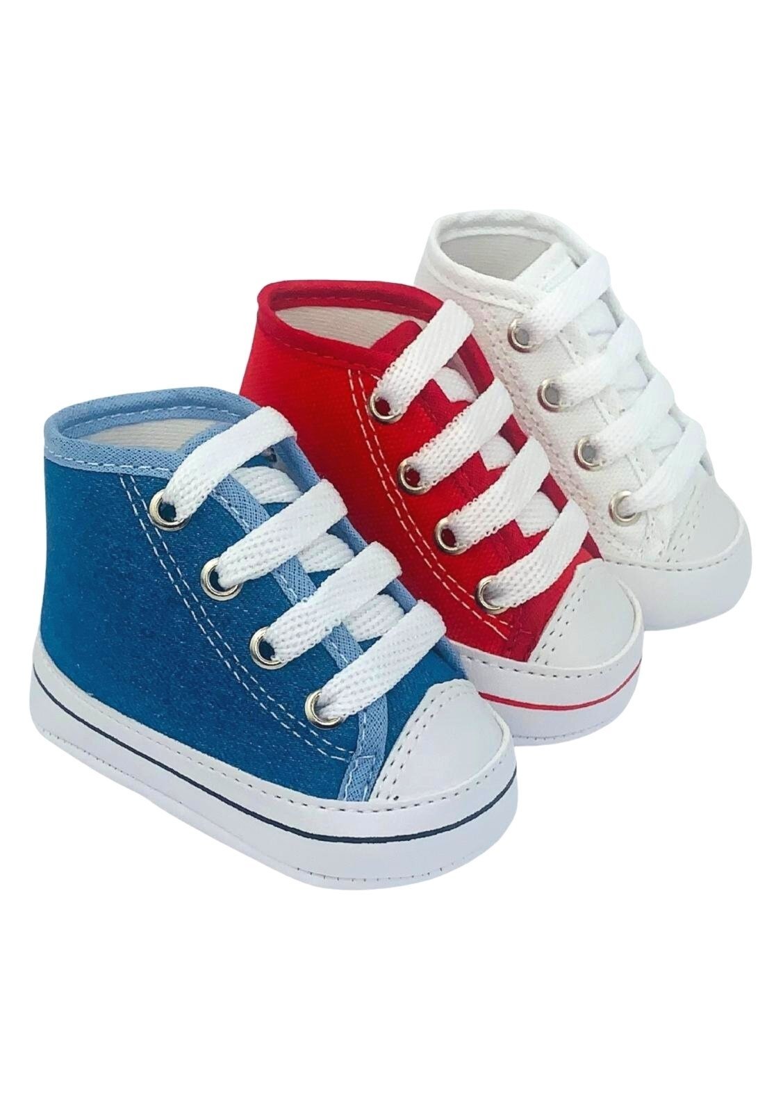 Infantil - Kit Com 3 Pares Sapatinho De Cano Alto Direto Da Fabrica T20 Branco E Vermelho E Jeans