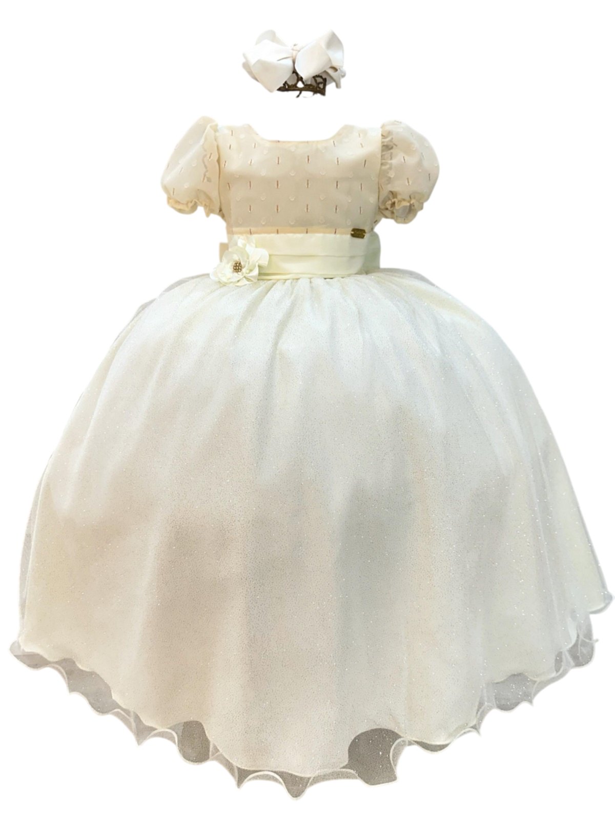 Infantil - Vestido Festa Longo Social Branco Off White Marfim Creme Formatura Casamento Flor Dama Daminha Menina Juvenil Juvenil Princesa Rodado Florista Aniversário Luxo