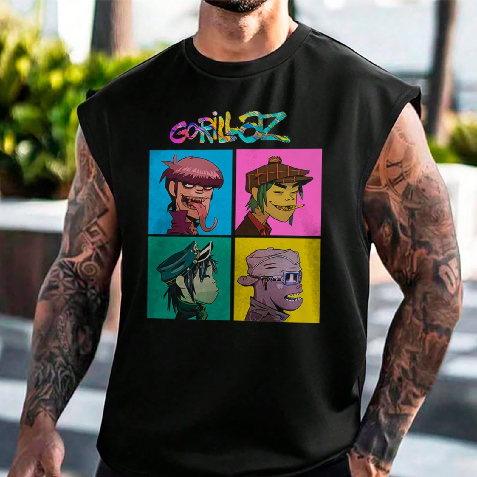 Camiseta Regata Machão Banda Gorillaz Cartoon Music Streetwear Preto