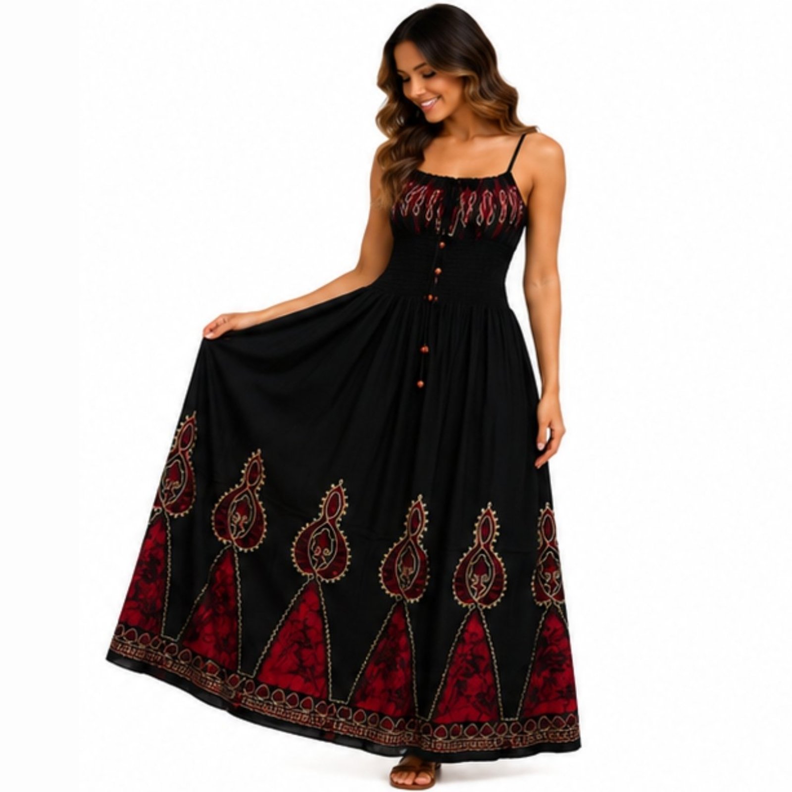 Vestido Feminino Longo de Alça com Lastex Estilo Boho Indiano Preto