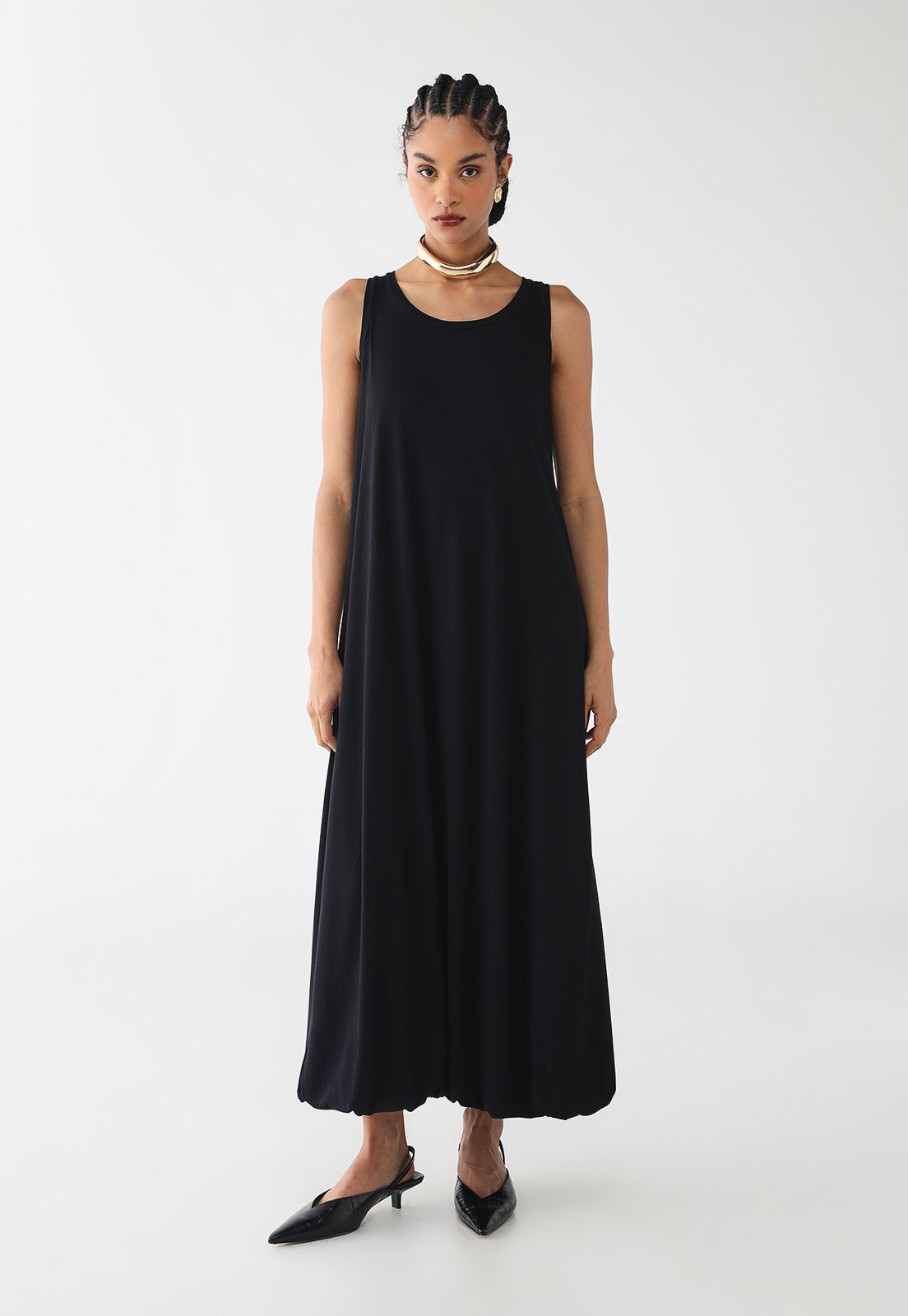 Vestido Midi Feminino CaCay Balonê Nadador Preto