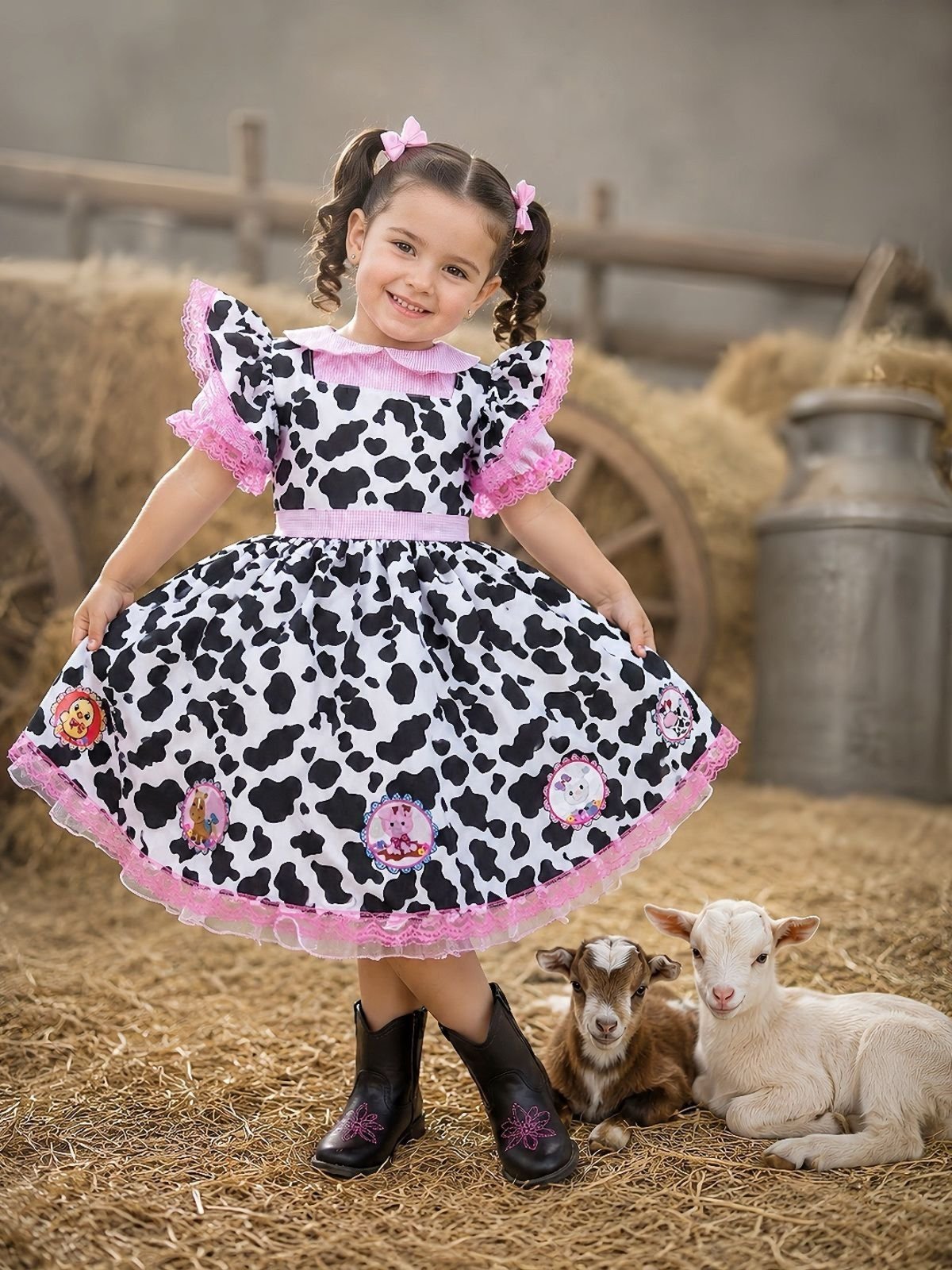 Infantil - Vestido Festa Rosa Fazendinha Xadrez Vaquinha Aniversário Temático Luxo Salopete Social Menina Juvenil Rodado Aniversário