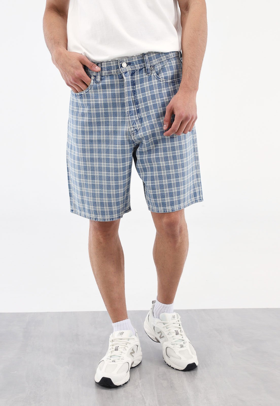 Bermuda Jeans GAP Reta Xadrez Azul