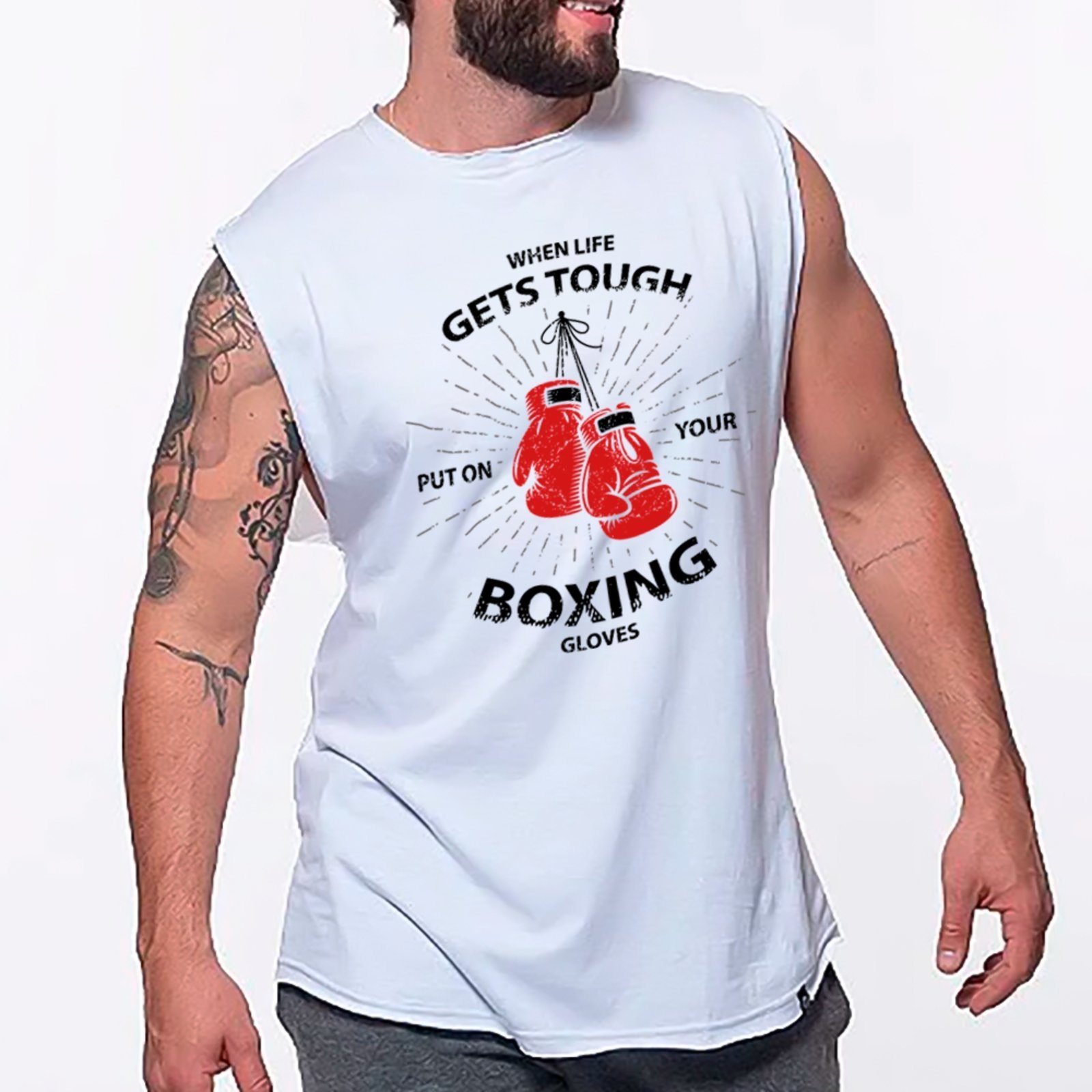 Camiseta Regata Machão Ousy Boxing Gloves Superação e Atitude Oversized Masculina Branco