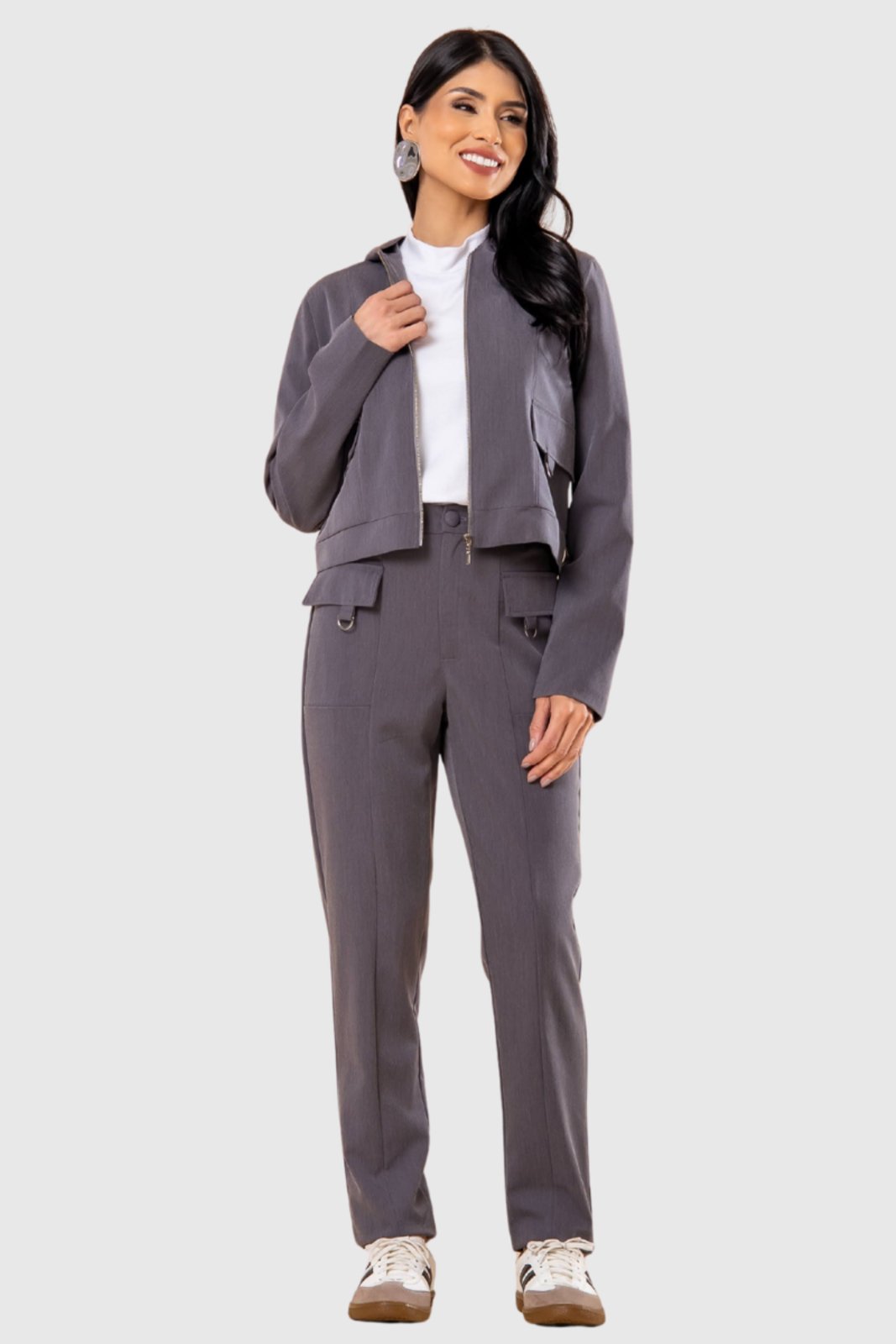 Conjunto Feminino Amora Café Jaqueta e Calça Cinza