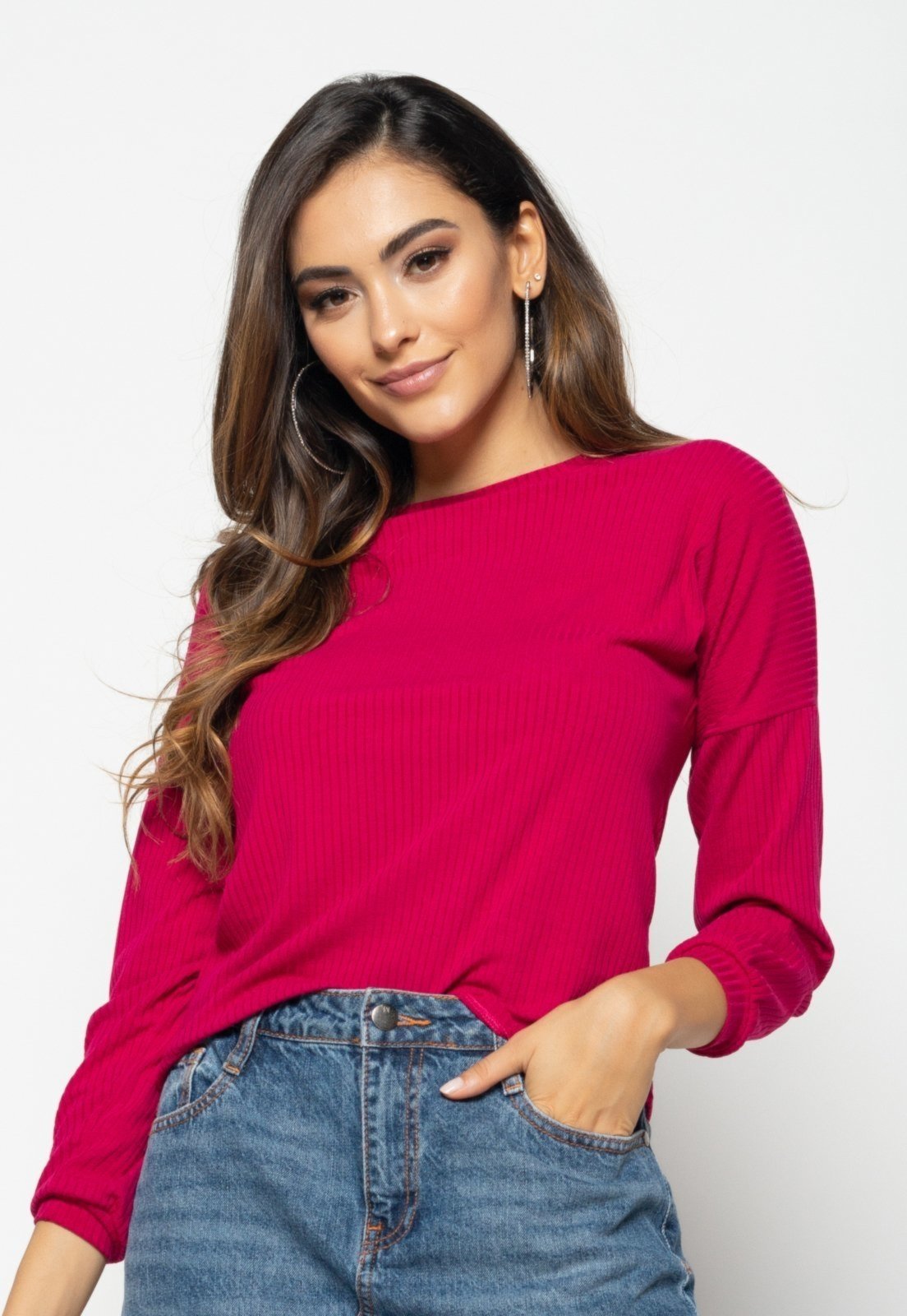 Blusa Morcego Salvatore Gola Canoa Manga Longa Canelada Rosa Fuscia