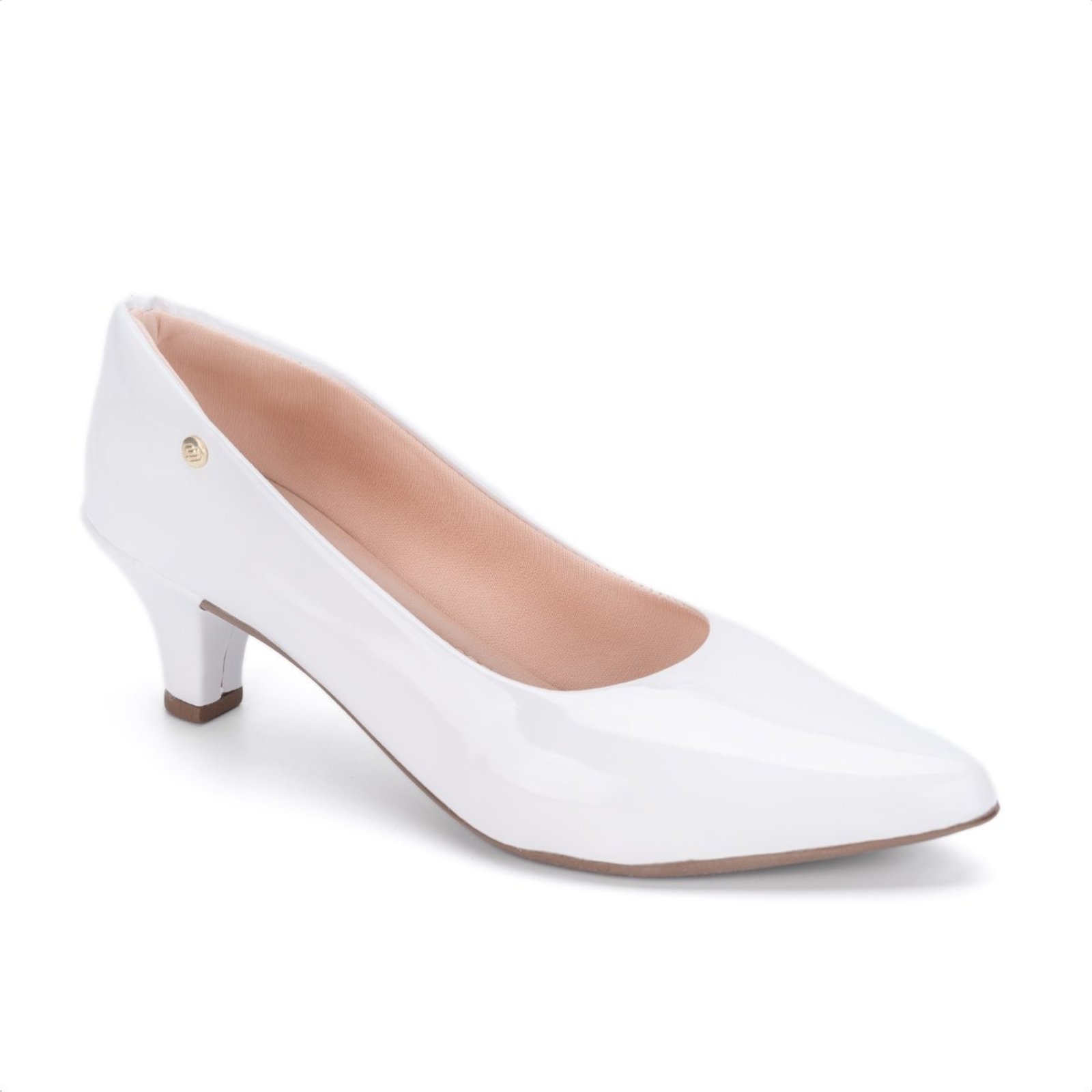 Scarpin Feminino Domidona Salto Baixo Verniz Bico Fino Elegante Moda Branco
