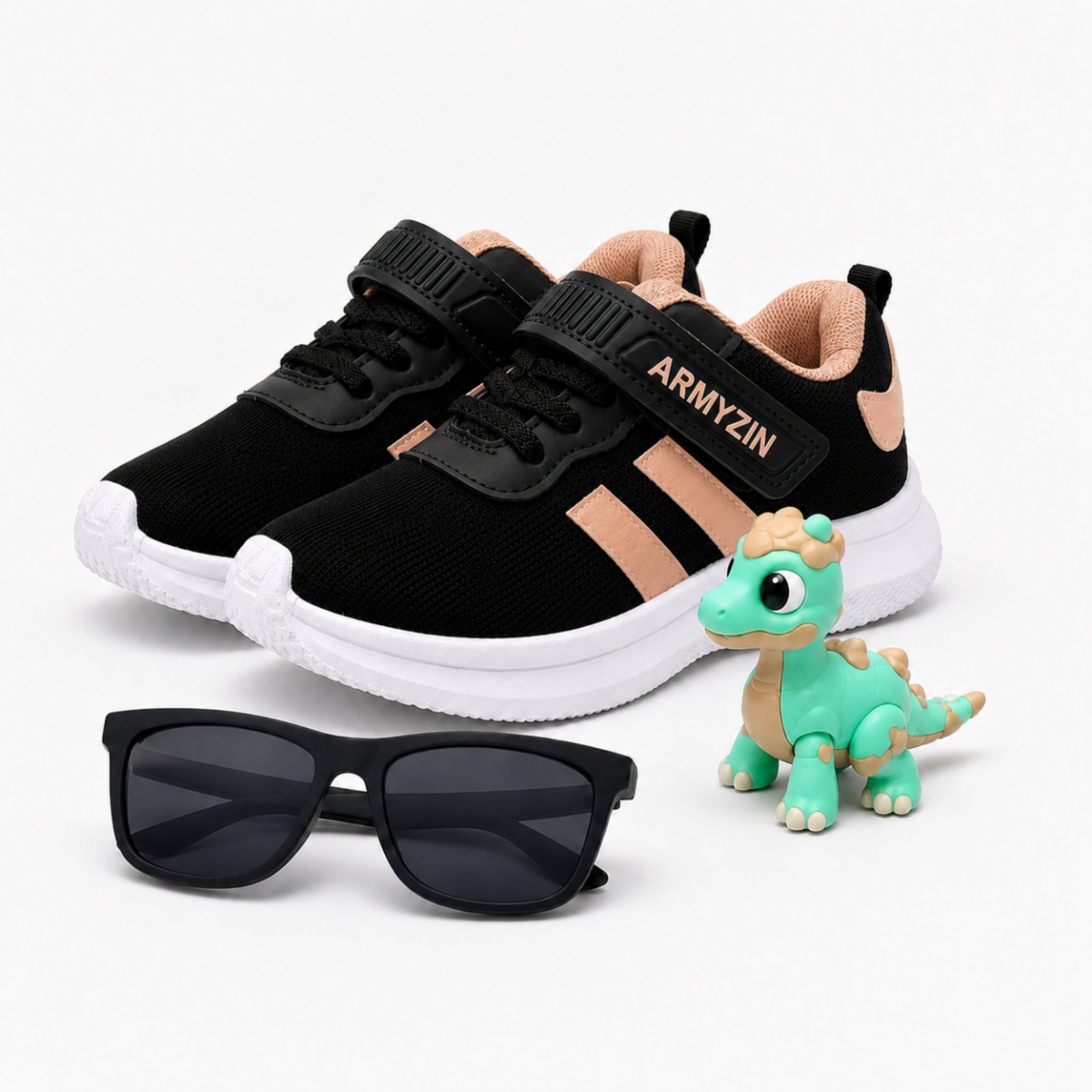 Infantil - Tênis Menina Leve Confortável Macio Preto Nude Armyz+Dinossauro e Oculos Incluso