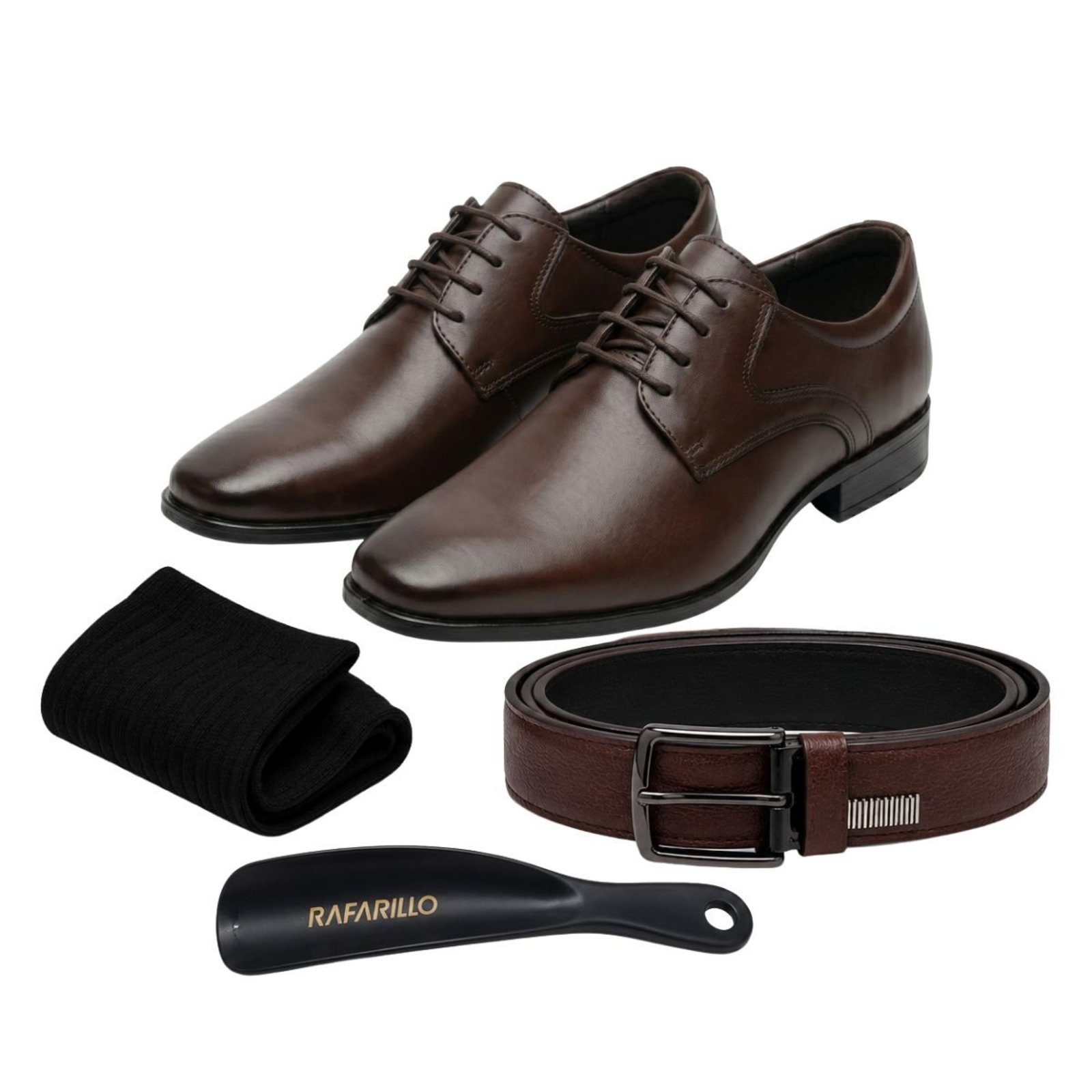 Kit Sapato Social Masculino Rafarillo em Couro com Cinto, Meia e Calçadeira Casual Elegante Confortável para Trabalho Eventos e Dia a Dia