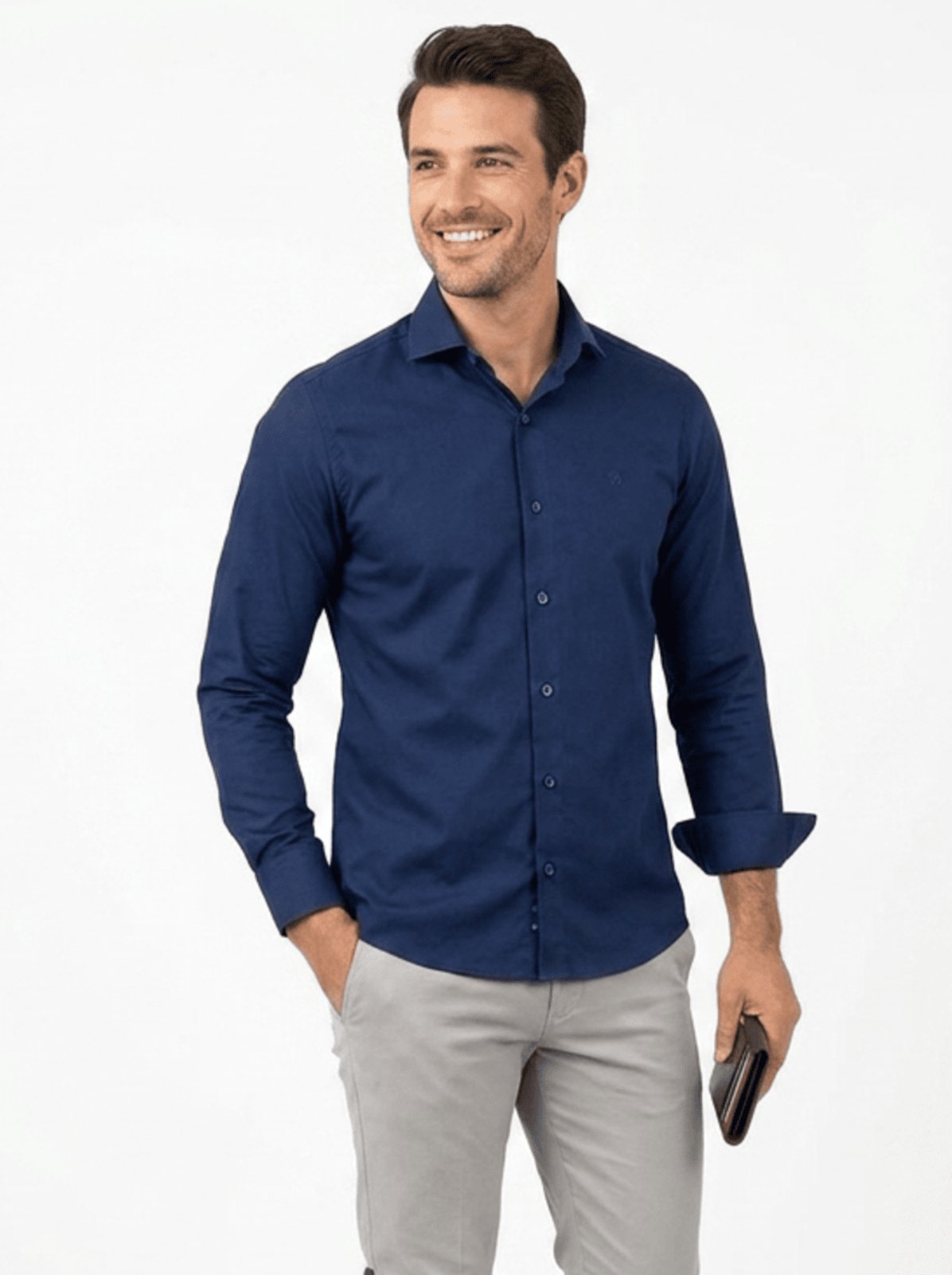 Camisa Social LBL Slim Poliéster Macia Não Amassa Manga Longa Marinho
