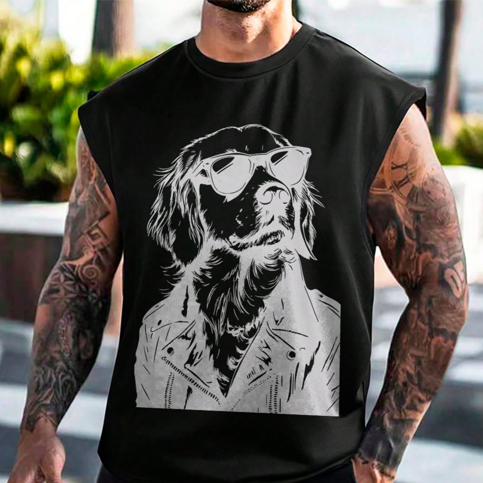 Camiseta Regata Machão Cachorro Estiloso Óculos Jaqueta Preto
