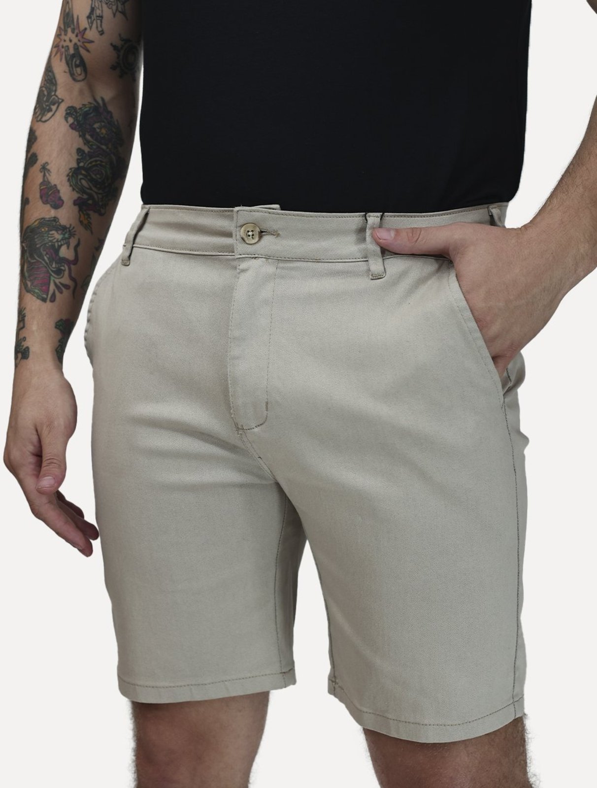 Bermuda K&J Black Masculina Casual Flex Cetim Cáqui