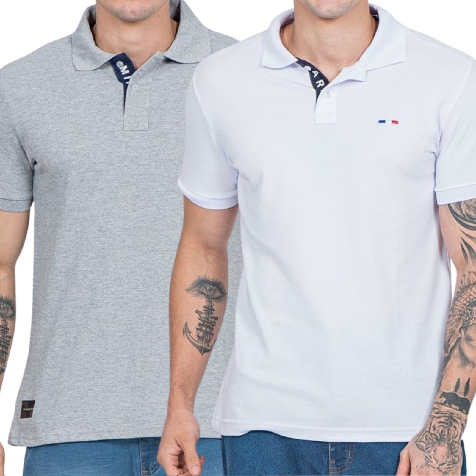 Kit 2 Polos Masculina Básicas FMF Cinza e Branco Piquet no Estilo Tommy Bordado França