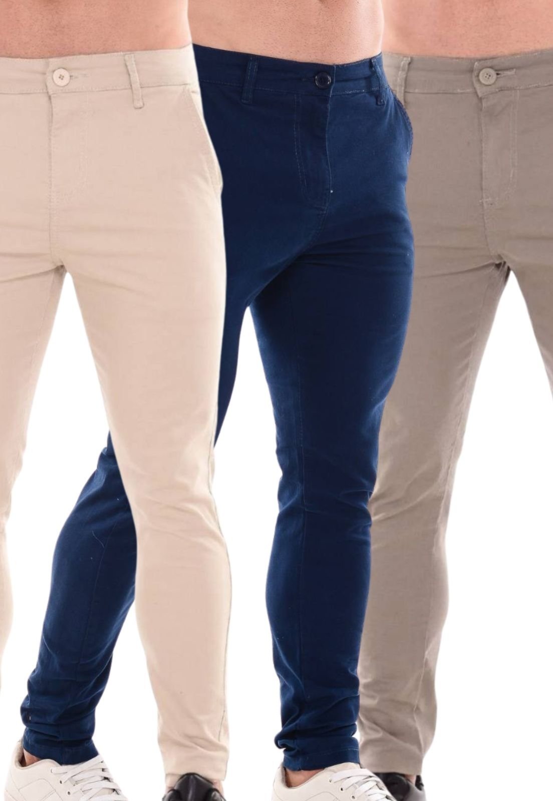 Kit 3 Calças Sarja Mys Jeans Confortável Estiloso Cinza Azul Escuro Bege Claro