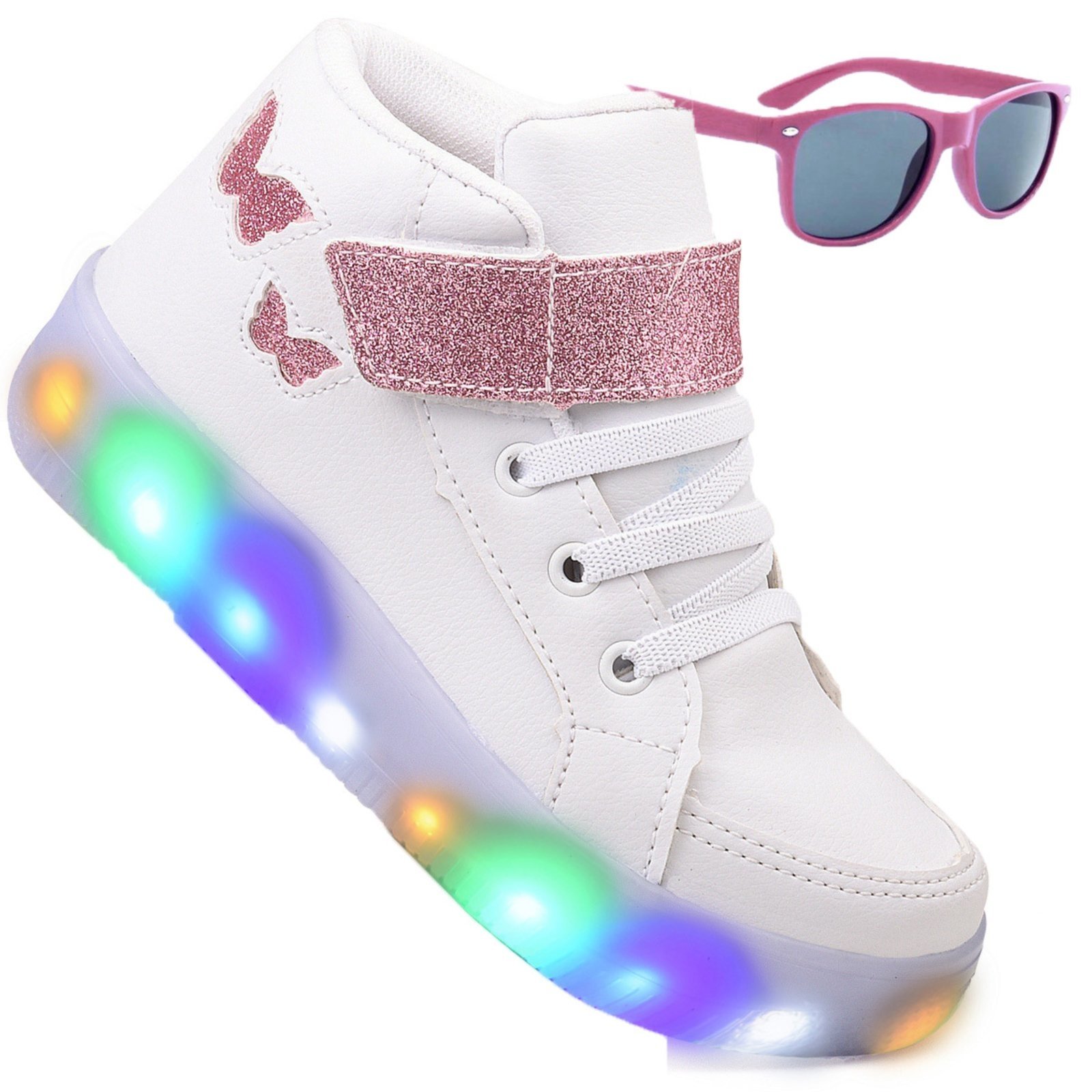 Infantil - Kit Tênis De Led Botinha Borboleta Branco Meninas Brilhante Óculos Infantil - Kit Tênis De Led Botinha Borboleta Branco Meninas Brilhante Óculos