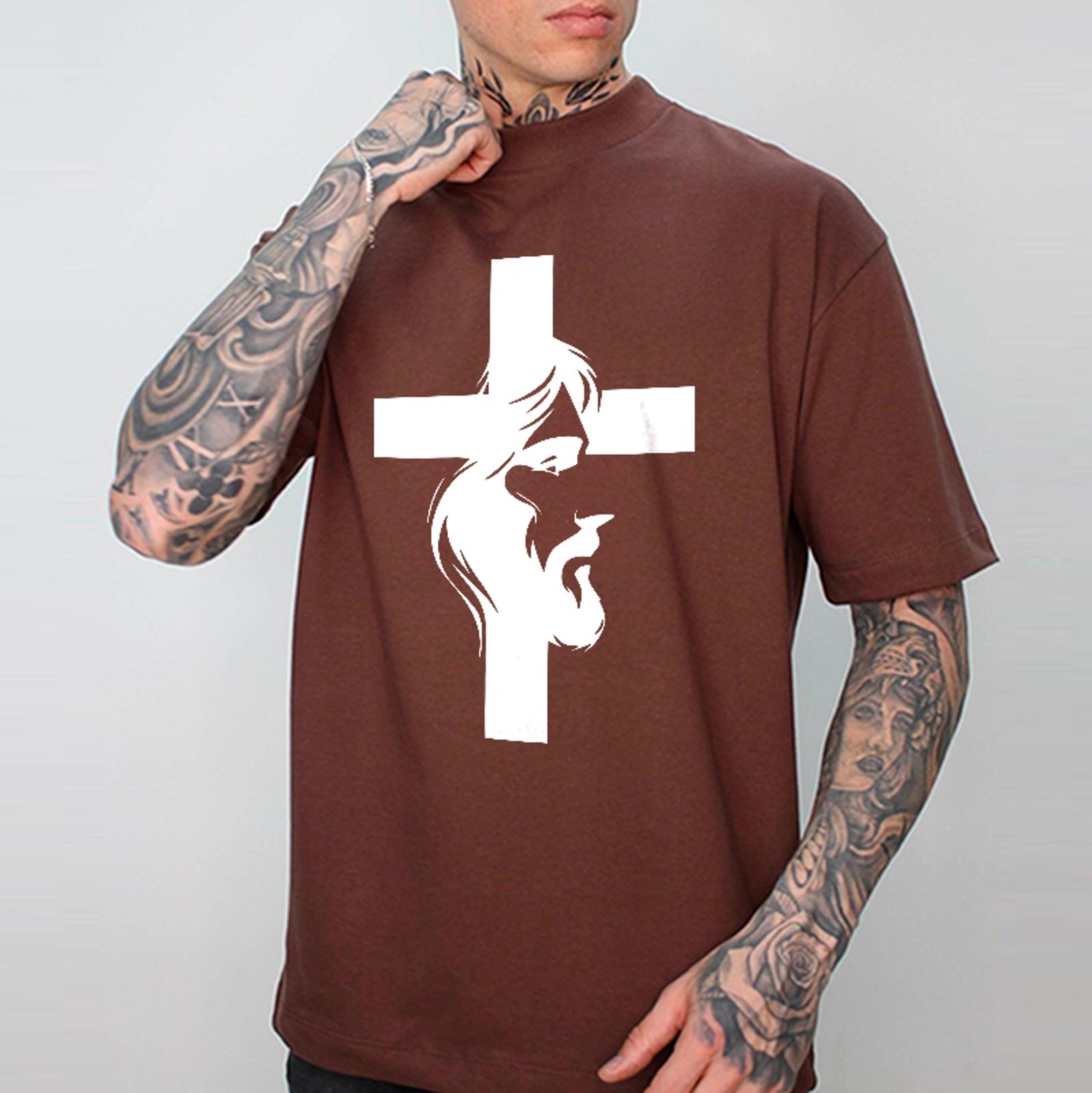 Camiseta Oversized Jesus Cruz Fé Faith Street Style Unissex Marrom