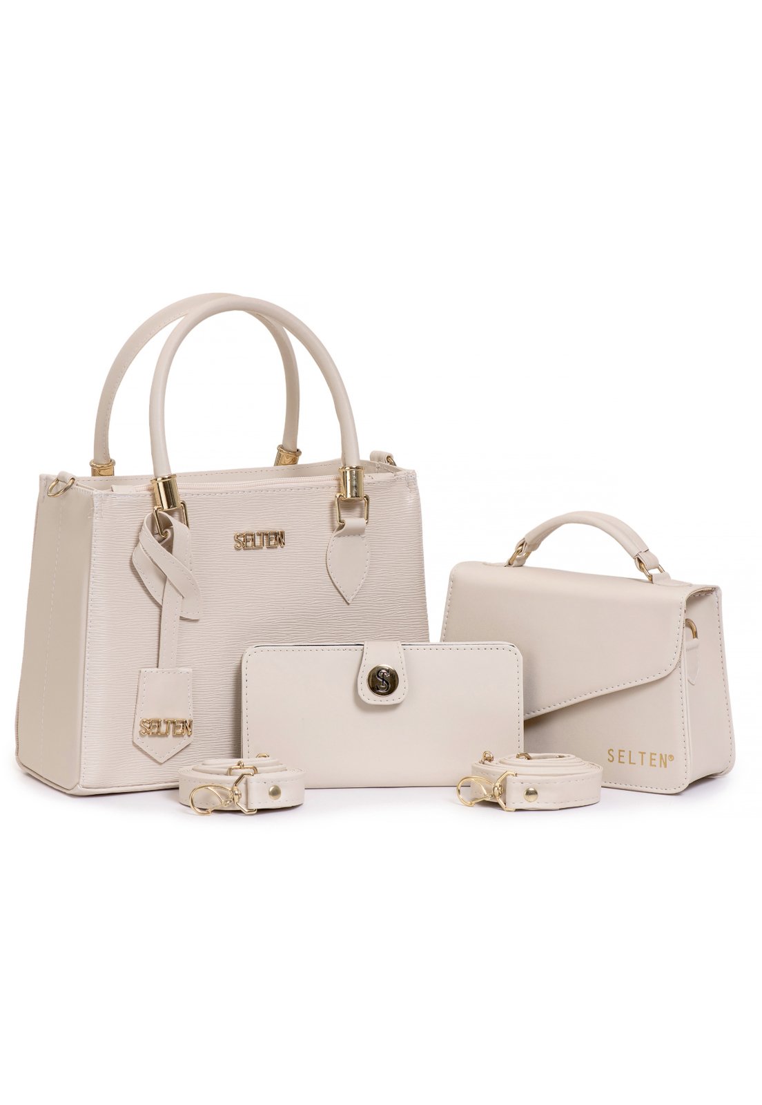 kit de Bolsa Tote Feminina Media, mini e carterira mini Selten Creme