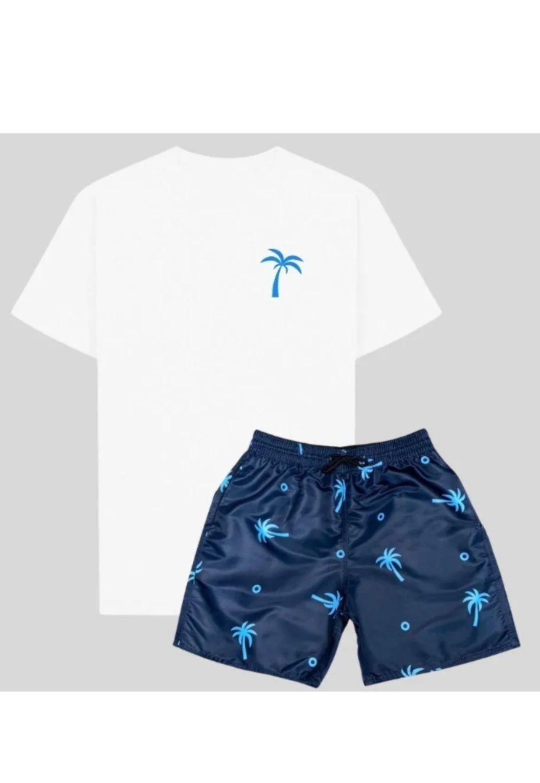 Conjunto Masculino 2 pçs Relaxado Camiseta Algodão Branca e Bermuda Tactel Estampada Azul Coqueiros