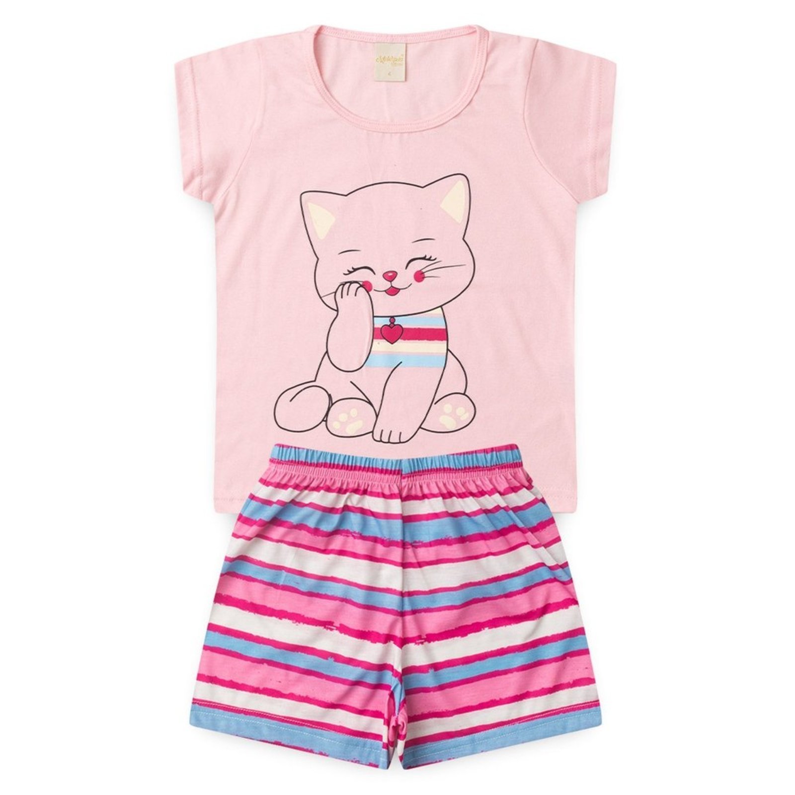 Pijama Verão Menina Rosa Blusa e Shorts Gatinha Listrada