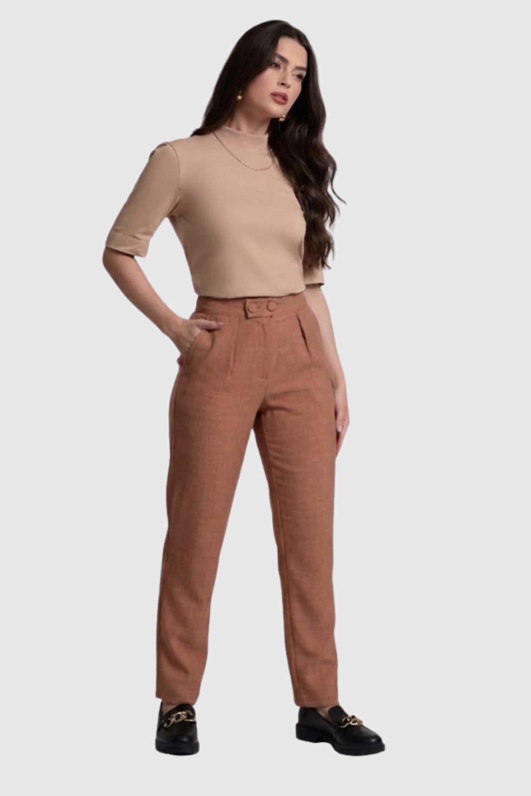 Calça Feminina Amora Café Reta Linho Chocolate