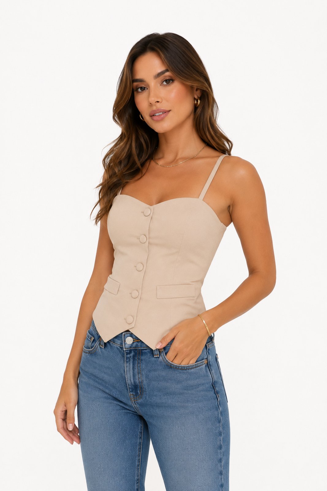 Blusa Colete Feminina D Bell Outlet Fashion Alfaiataria Alças Finas Nude