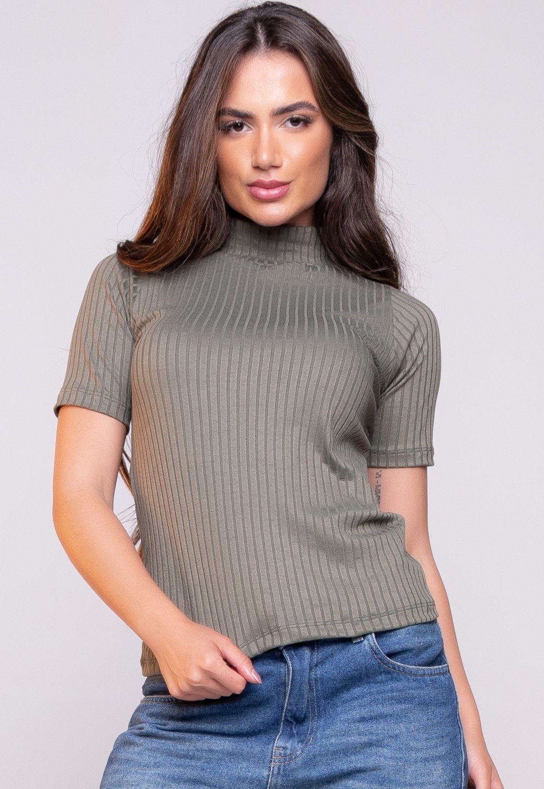 Blusa Mood Modas Canelada Feminina Gola Alta Liso Inverno 300 Verde