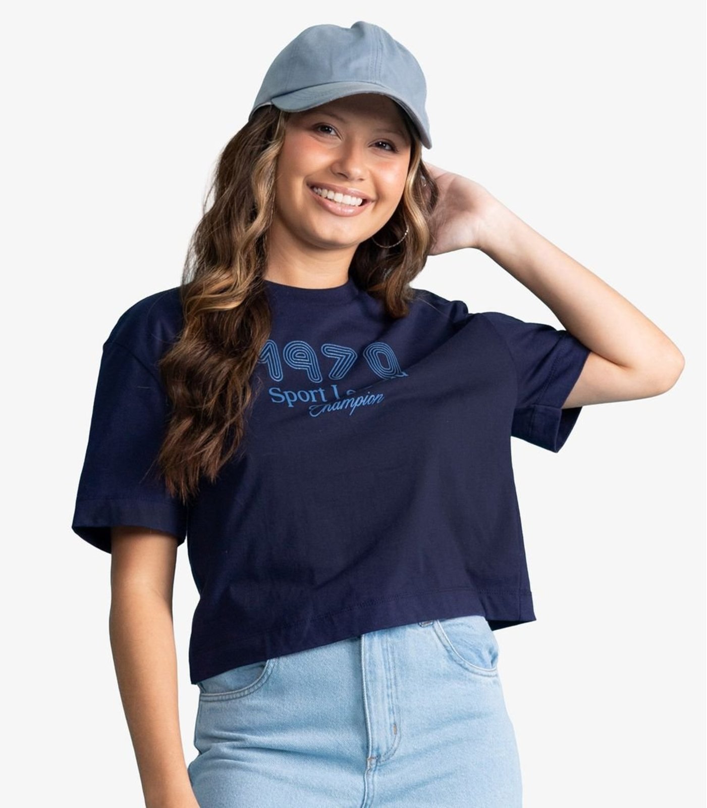 Infantil - T-Shirt Femina Cropped Meia Malha Estampa Minty Azul