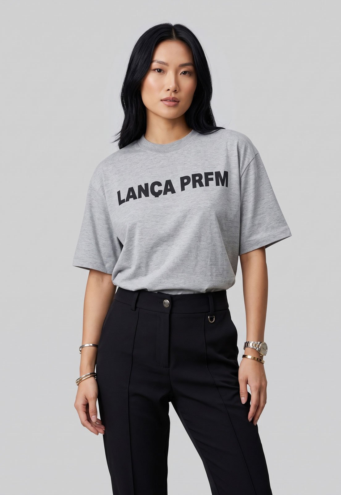 Camiseta Feminina Lança Perfume Logo Cinza Mescla